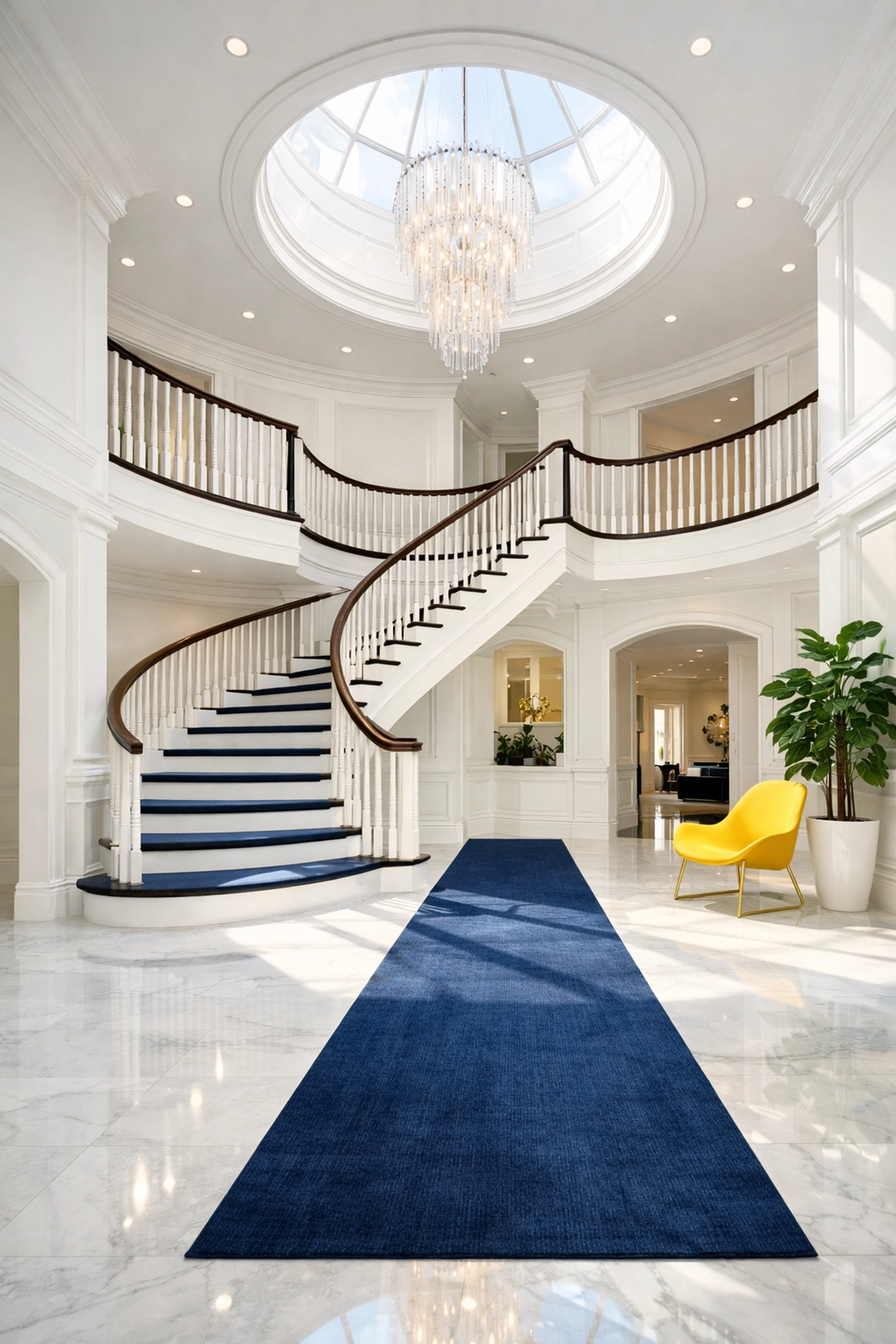 A grand foyer in a Brookline estate with spotless marble floors after professional luxury house cleaning.