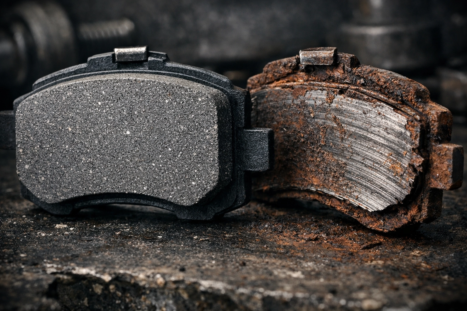Side-by-side comparison of a new brake pad versus a dangerously worn-out pad during a brake inspection.