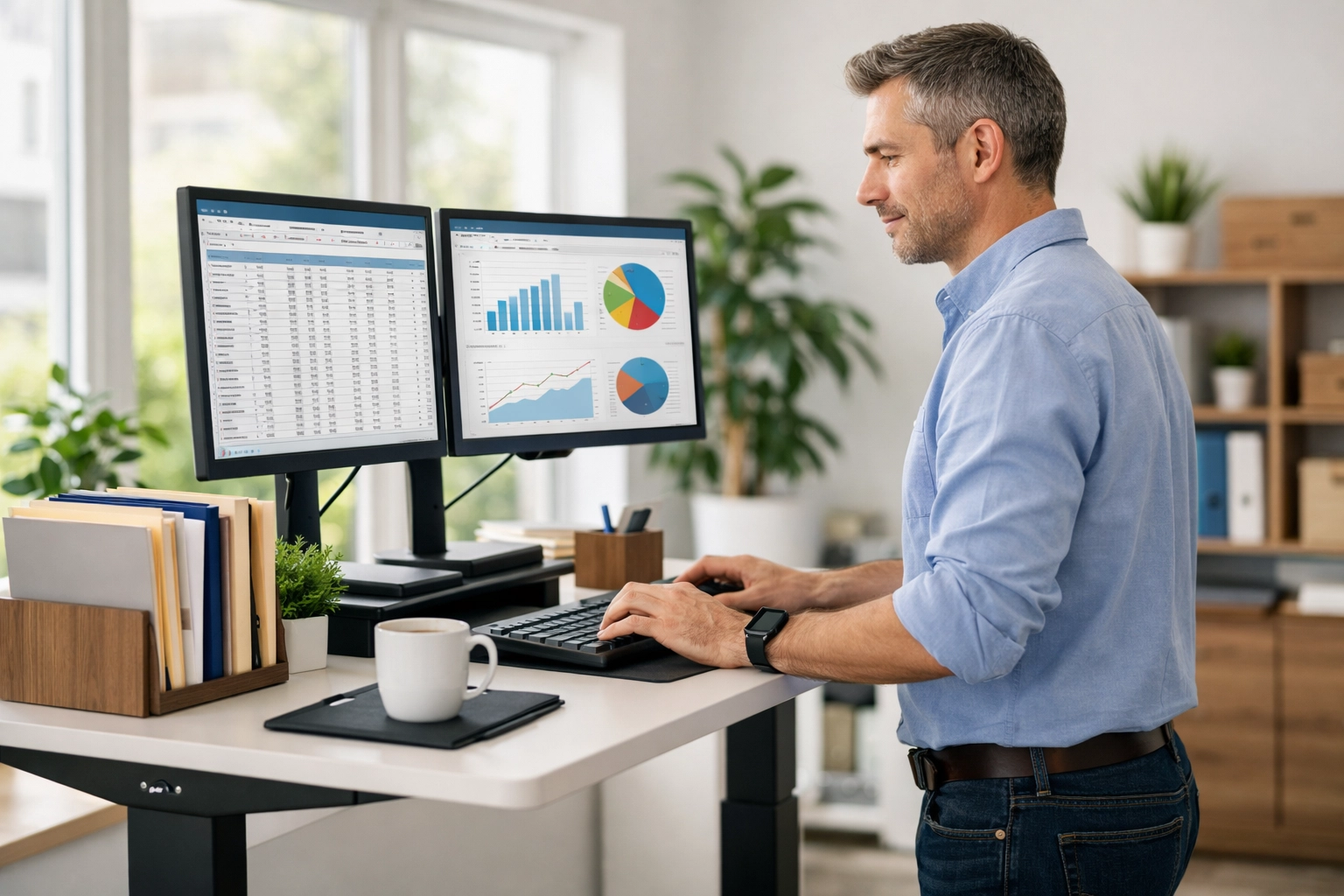 Business owner managing tax preparation and financial records on computer workstation