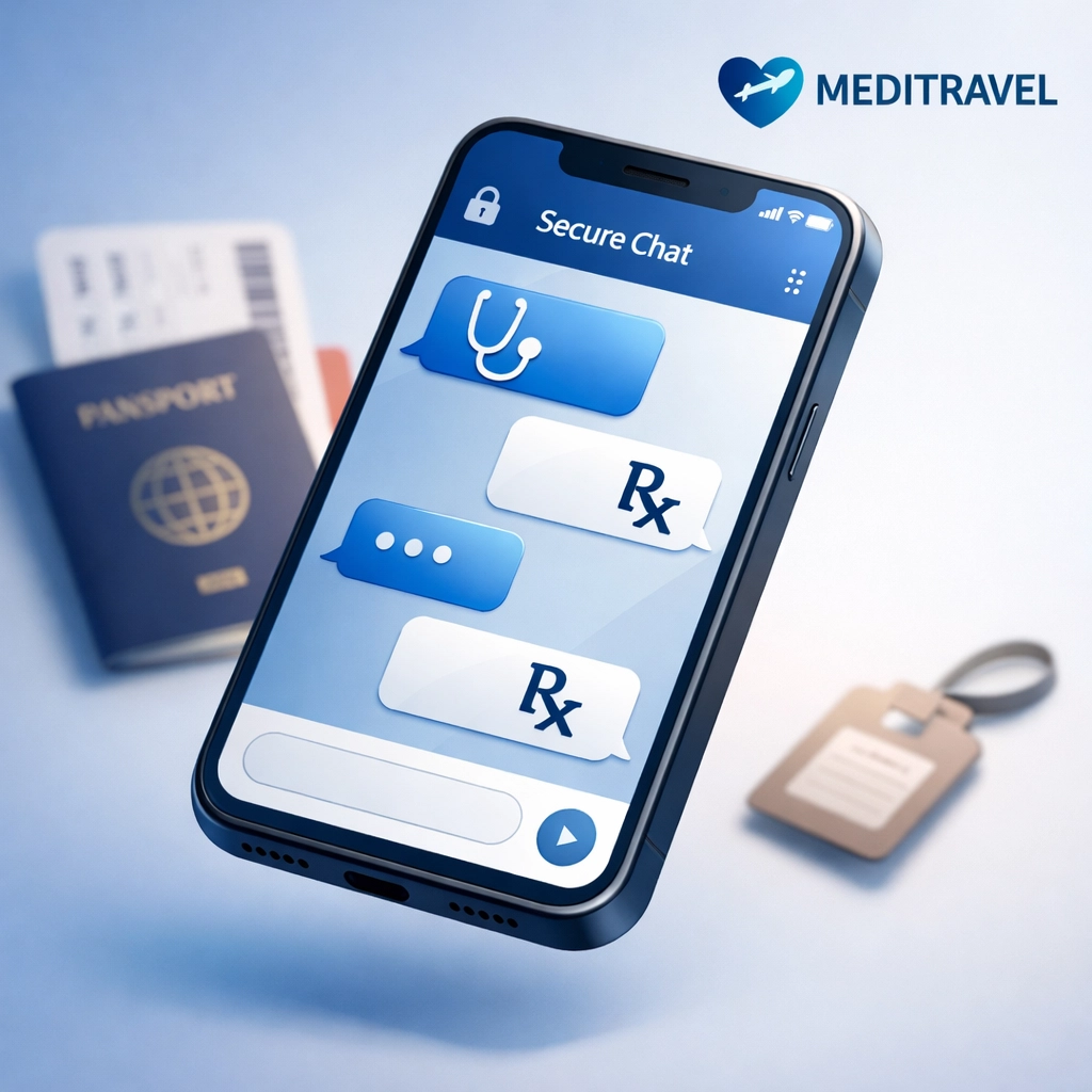 Smartphone displaying online medical chat with travel documents showing 24/7 telehealth access for travelers