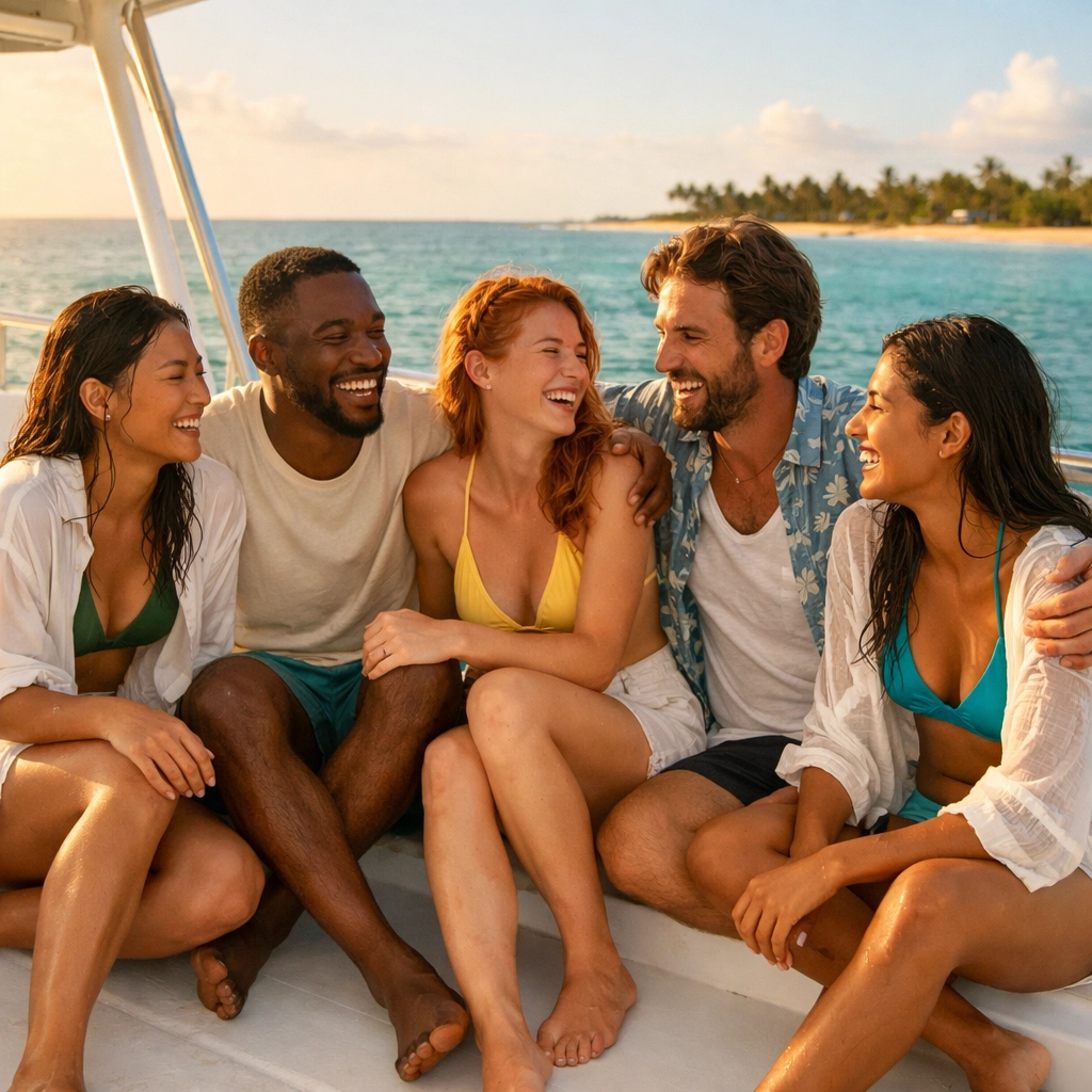 Travelers enjoying a Caribbean sunset on a dive boat deck with a travel concierge group.