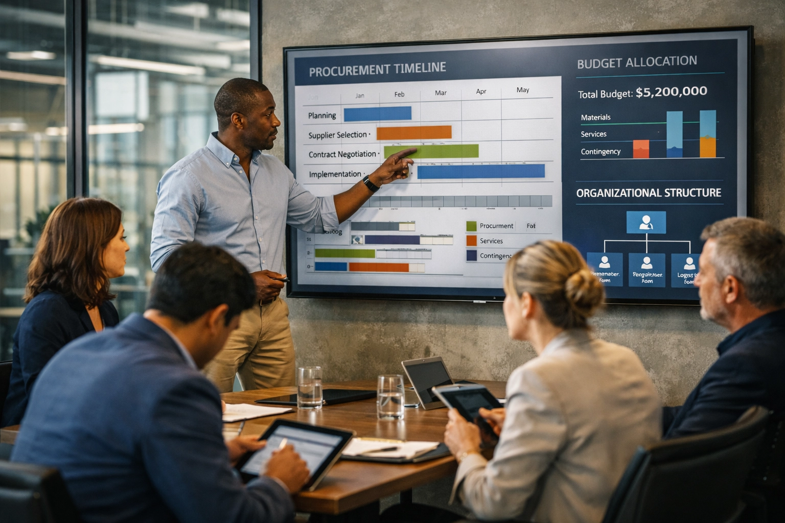 Business team reviewing Defence Investment Agency procurement timelines and budget allocations
