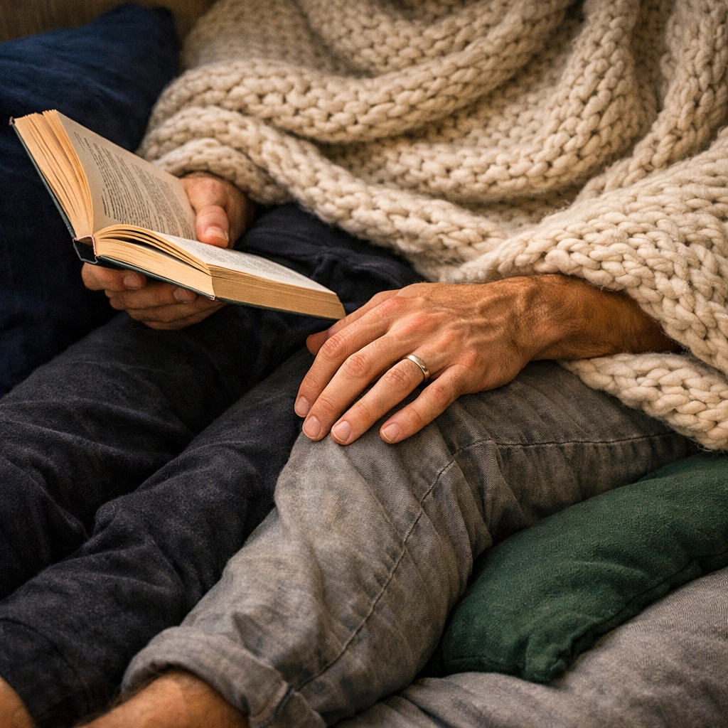 A gay couple shares a chunky knit blanket and an MM romance novel, enjoying quiet intimacy together.