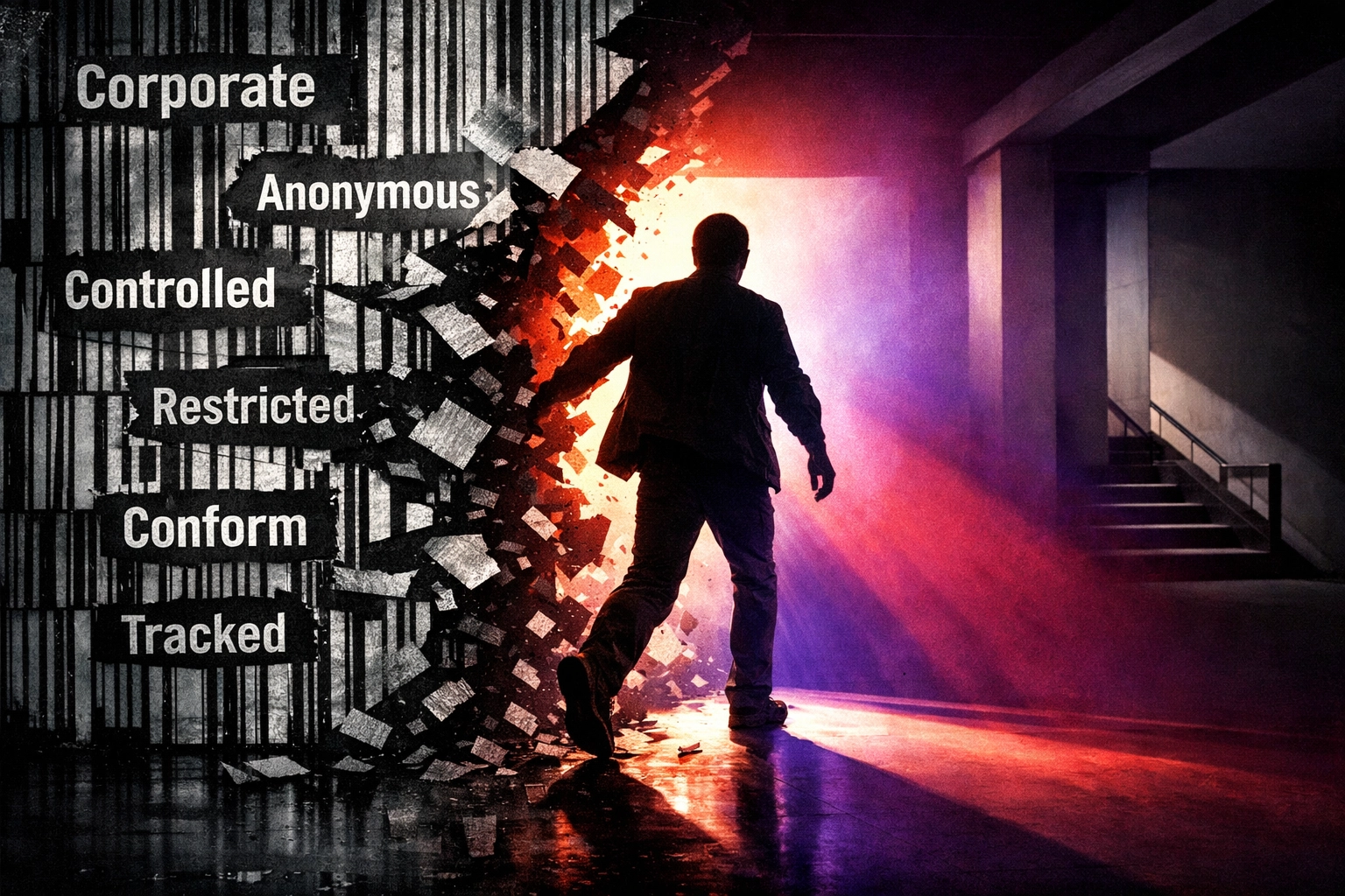 A silhouette breaking through corporate barcodes and adjectives to reclaim status as a sovereign noun.