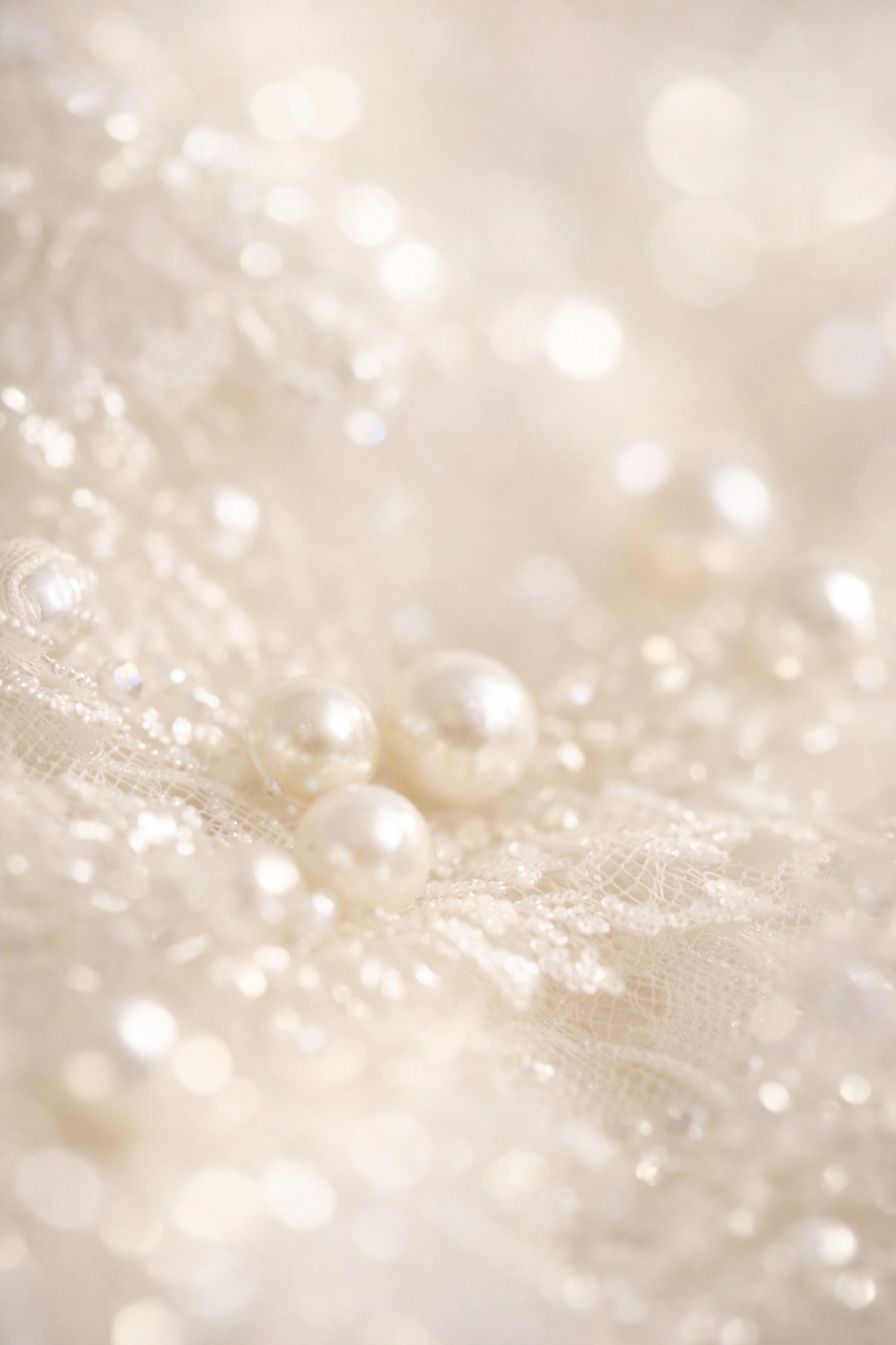 Dreamy, soft-focus close-up of intricate lace and pearl details on an Ariamo luxury bridal gown.