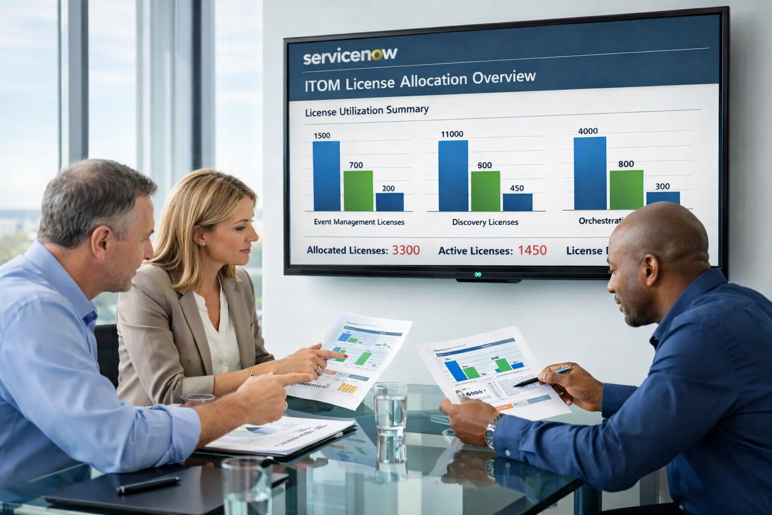 ServiceNow implementation partner team reviewing ITOM license allocation and optimization opportunities
