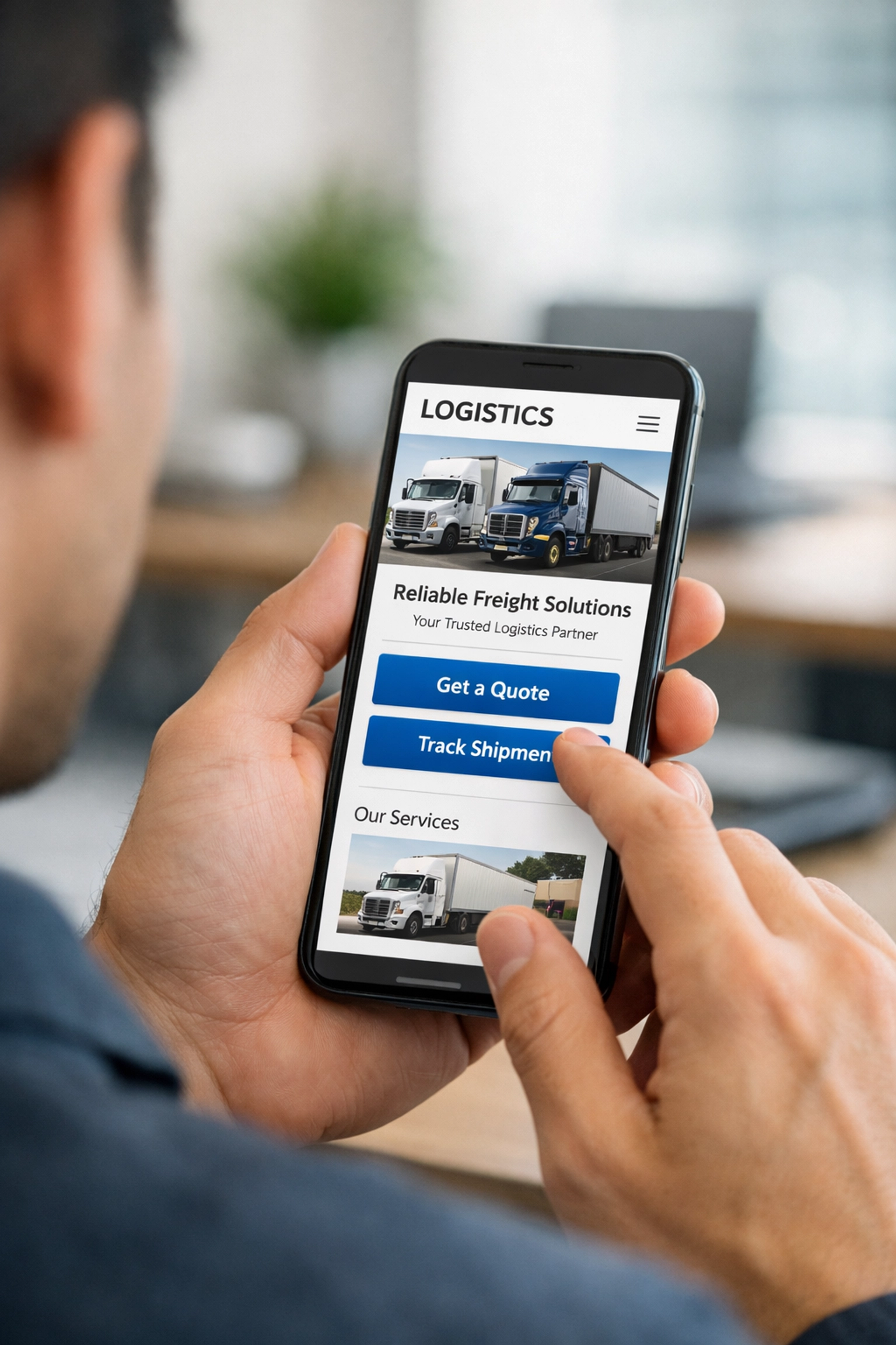 Modern logistics website design displayed on mobile device with clear navigation