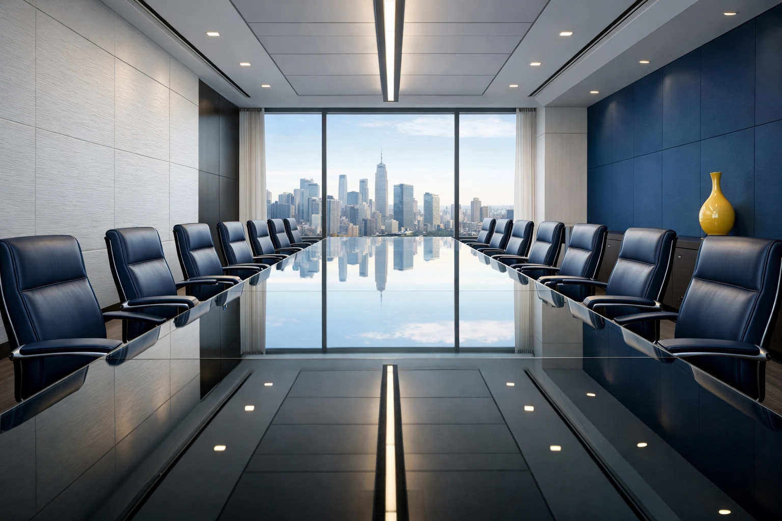 Spotless modern executive conference room with a polished glass table for professional client meetings.
