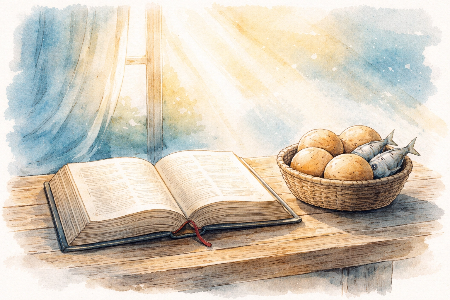 Watercolor illustration of open Bible with five loaves and two fish, symbolizing small acts leading to big spiritual impact.