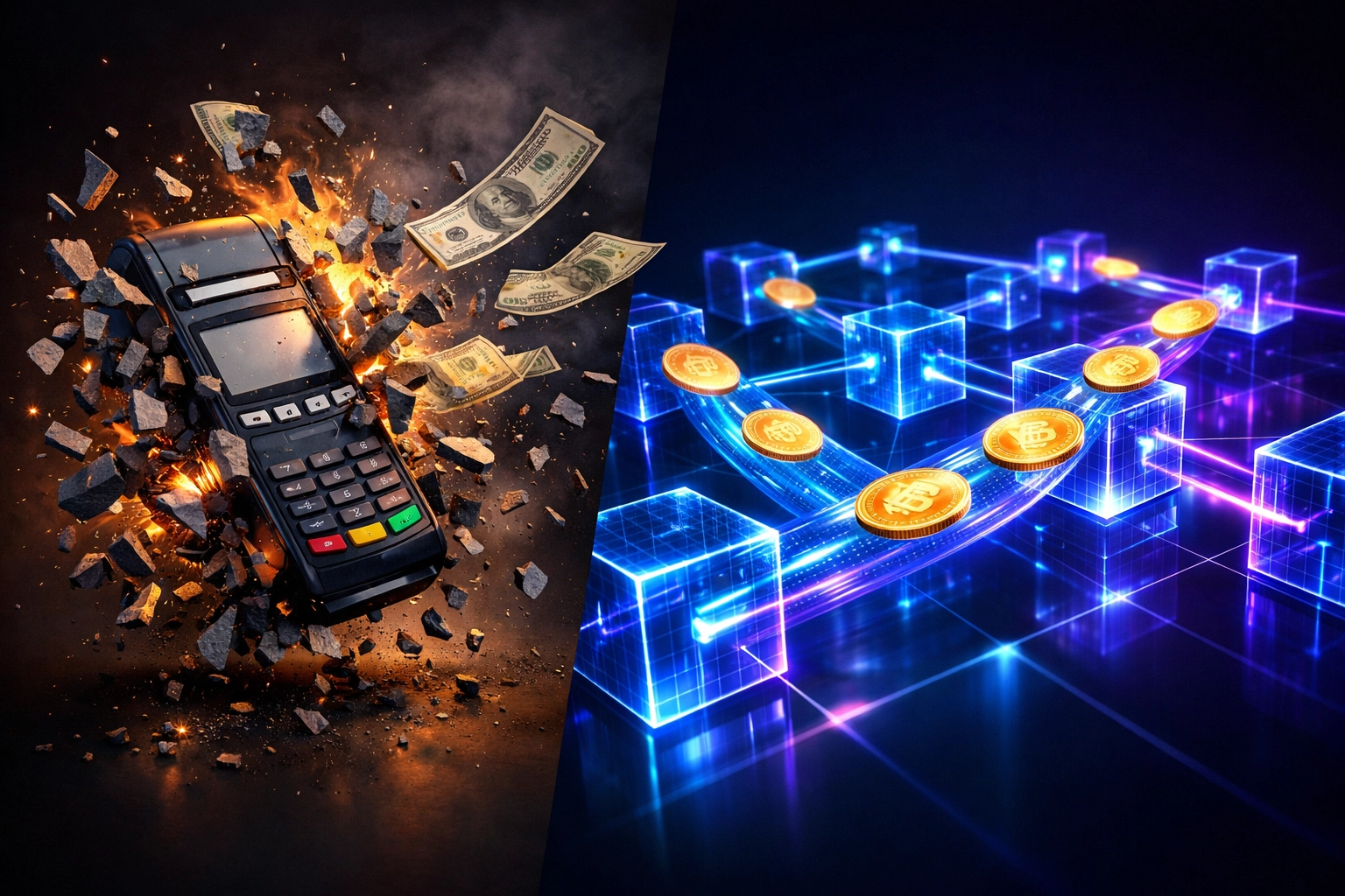 Traditional card payment terminal compared to blockchain network for merchant payment processing