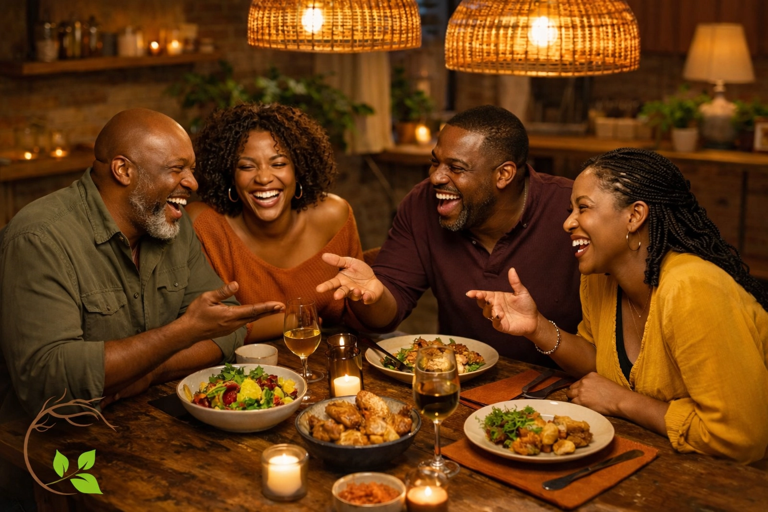 Two Black couples sharing meal together building healthy relationship support system
