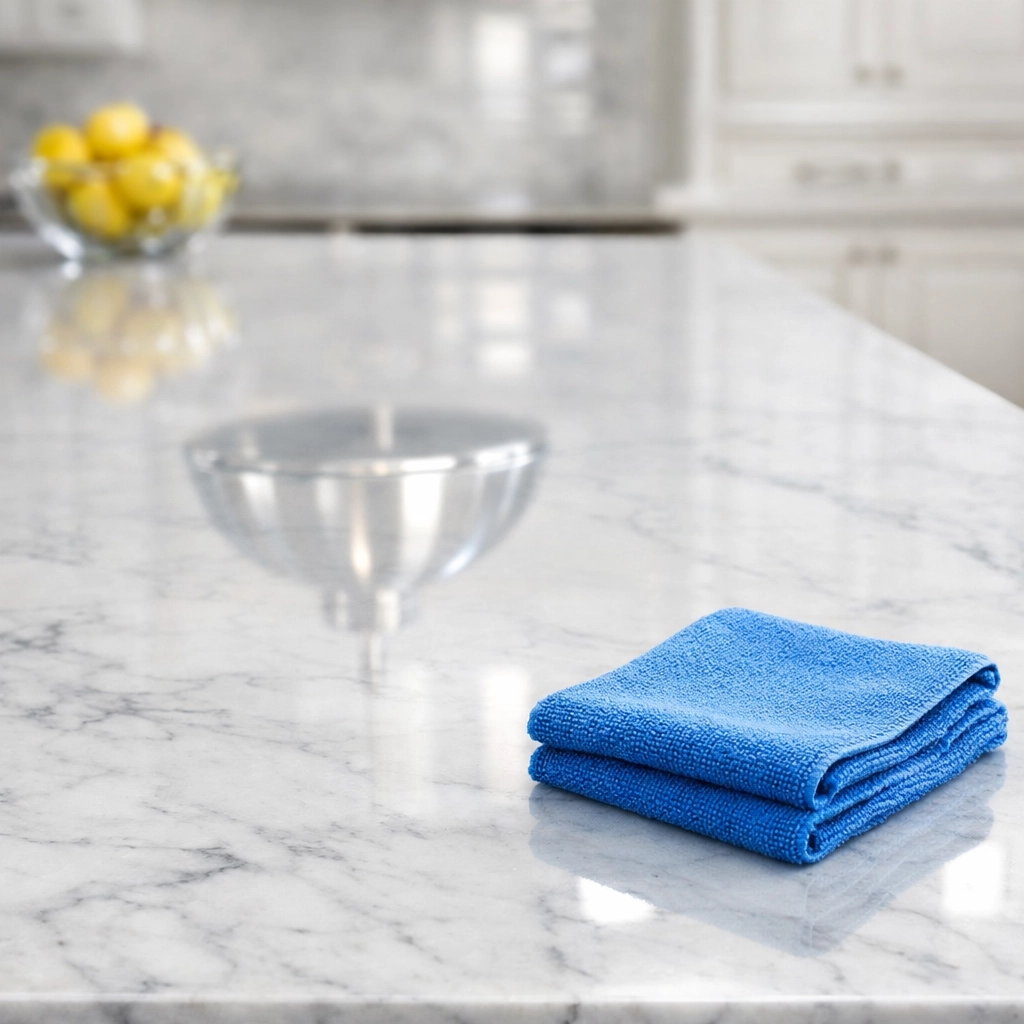 Pristine marble kitchen island showing the results of professional deep cleaning and maintenance in Westford.