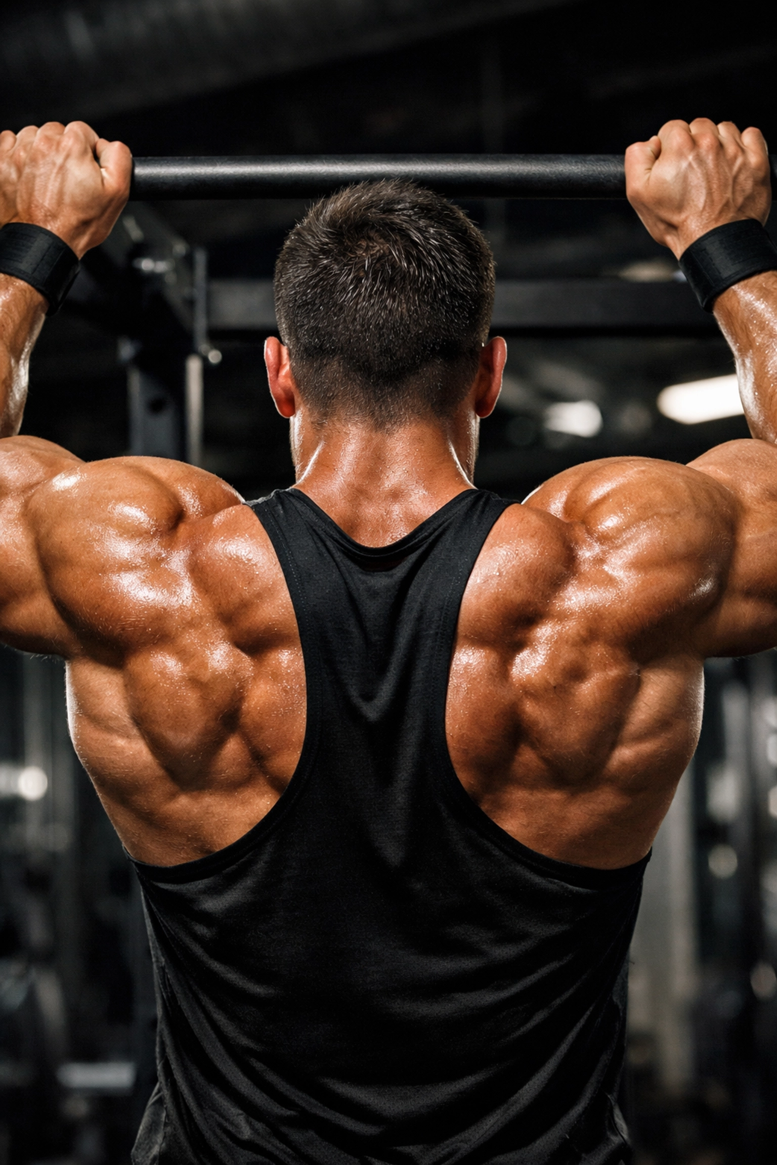 Athlete performing pullup showing engaged back muscles and proper form