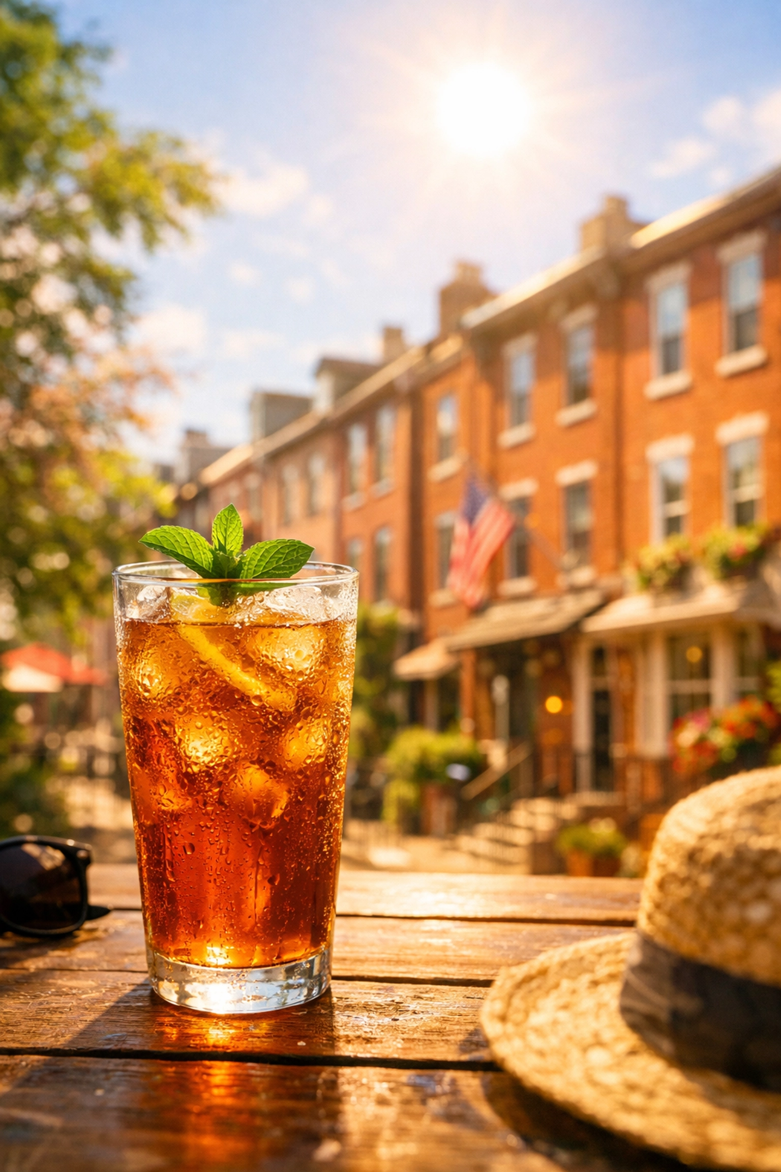Iced tea on a sunny patio with Philadelphia brick row homes, showing summer heat preparation.