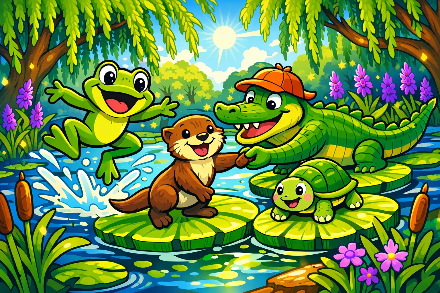 Zoomy Frog and swamp characters illustrating inclusion and ADHD strengths for neurodiverse children's success.