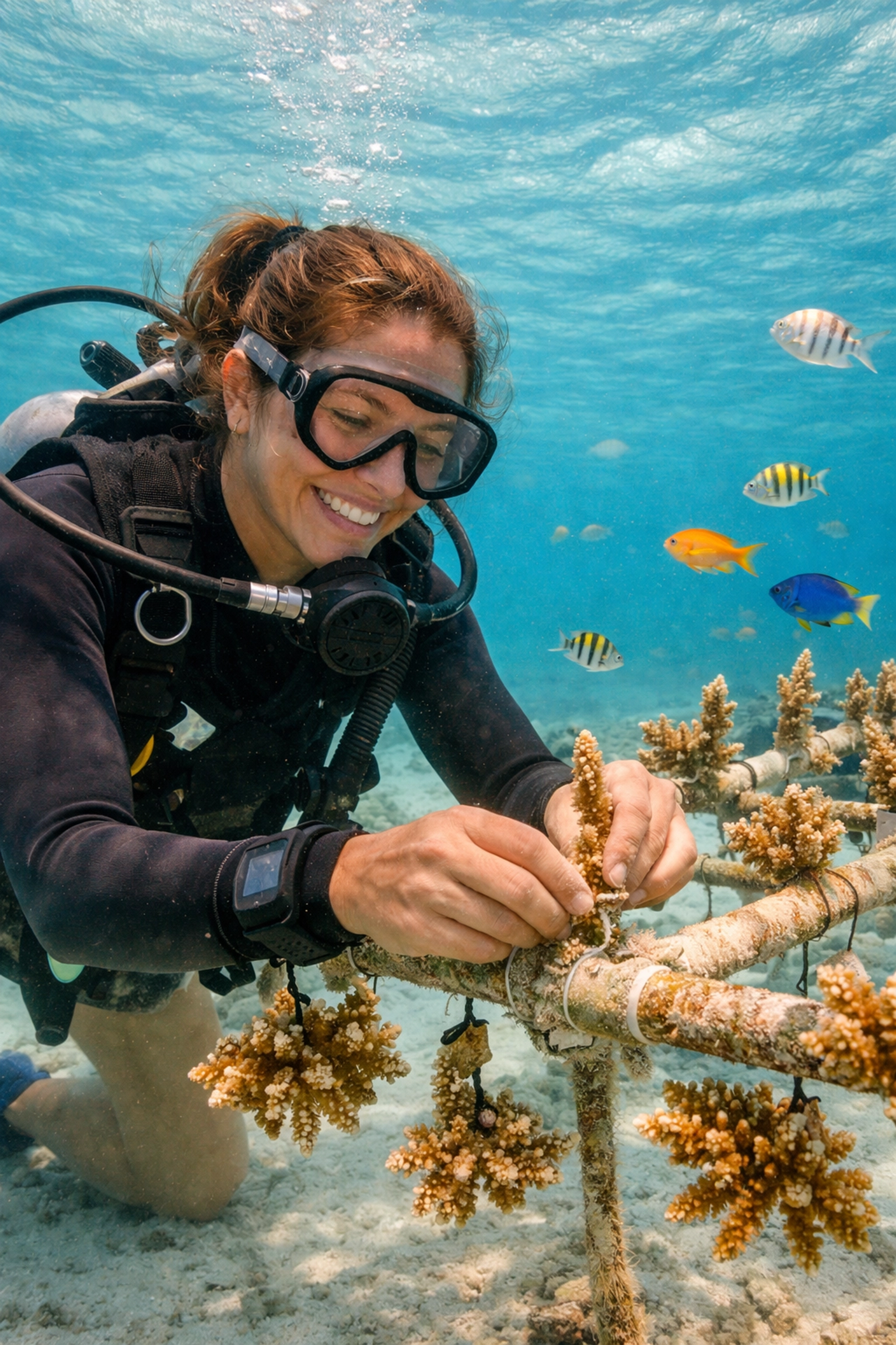Dive master working on coral restoration project in underwater nursery