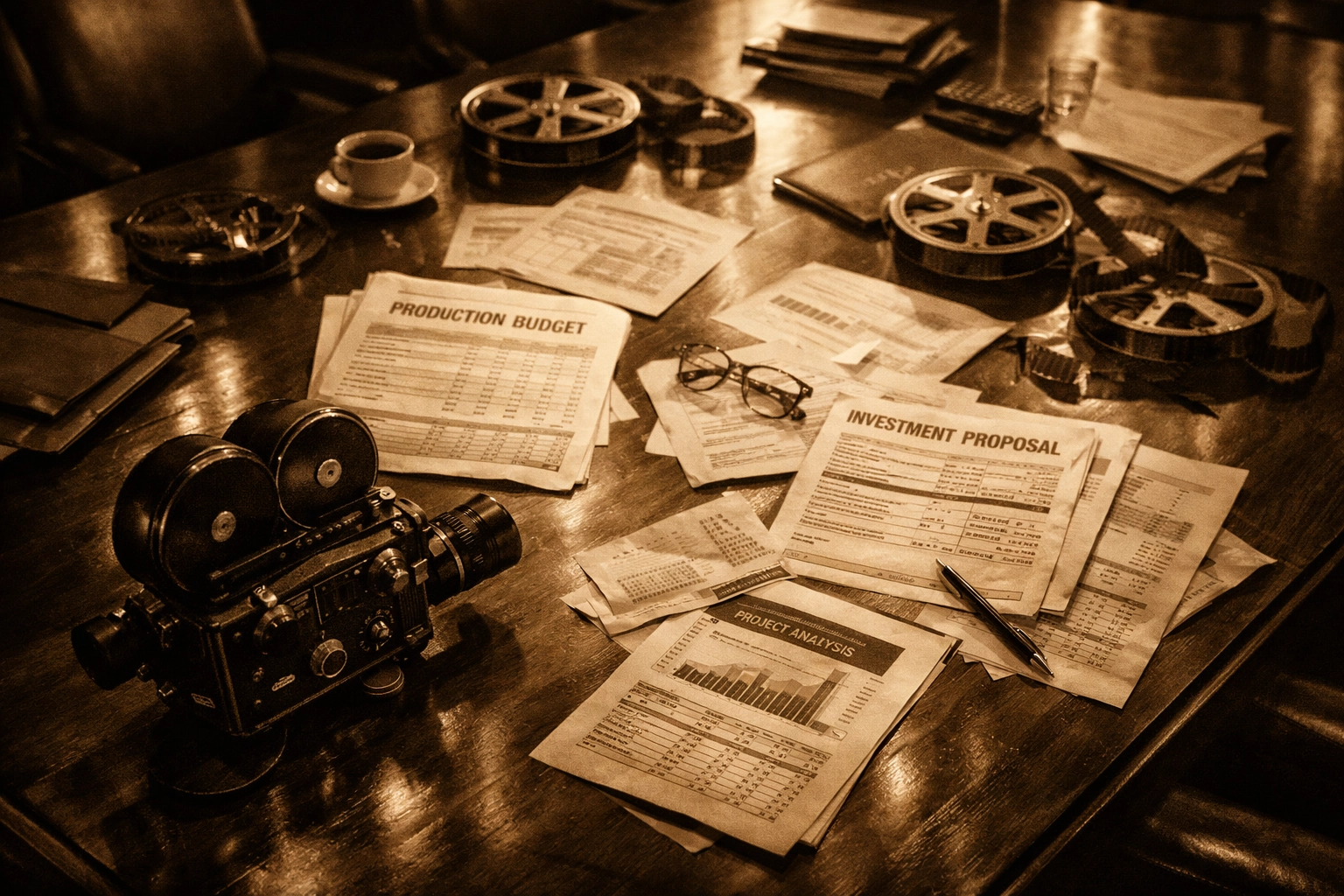 Film investment documents and vintage camera on boardroom table representing private equity in movies