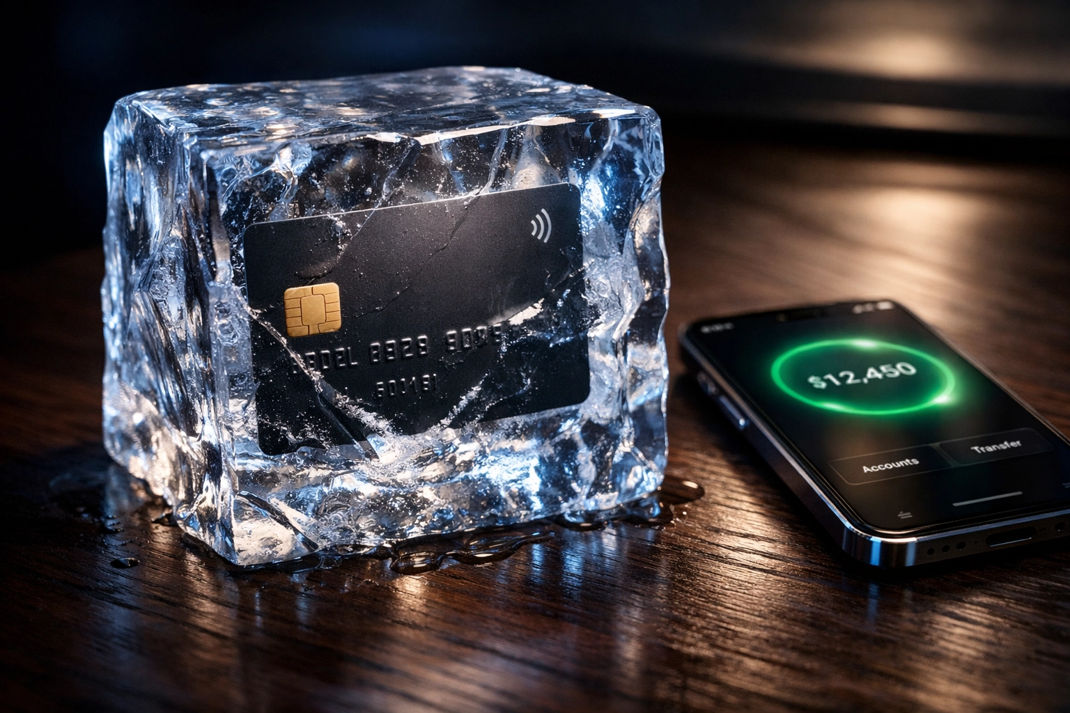 A credit card frozen in ice next to a smartphone banking app, symbolizing a disciplined no-buy year strategy.