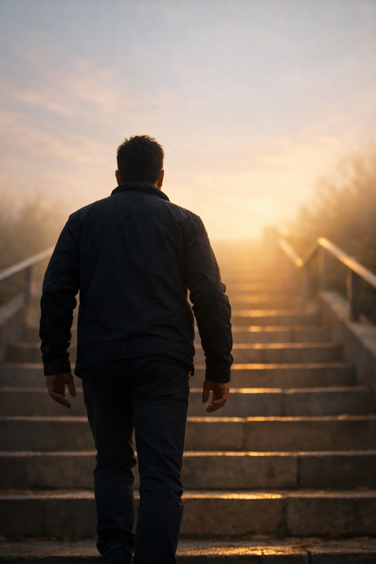 Férfi lépcső tetejére tart hajnalban - kitartás a merevedési zavar kezelésében