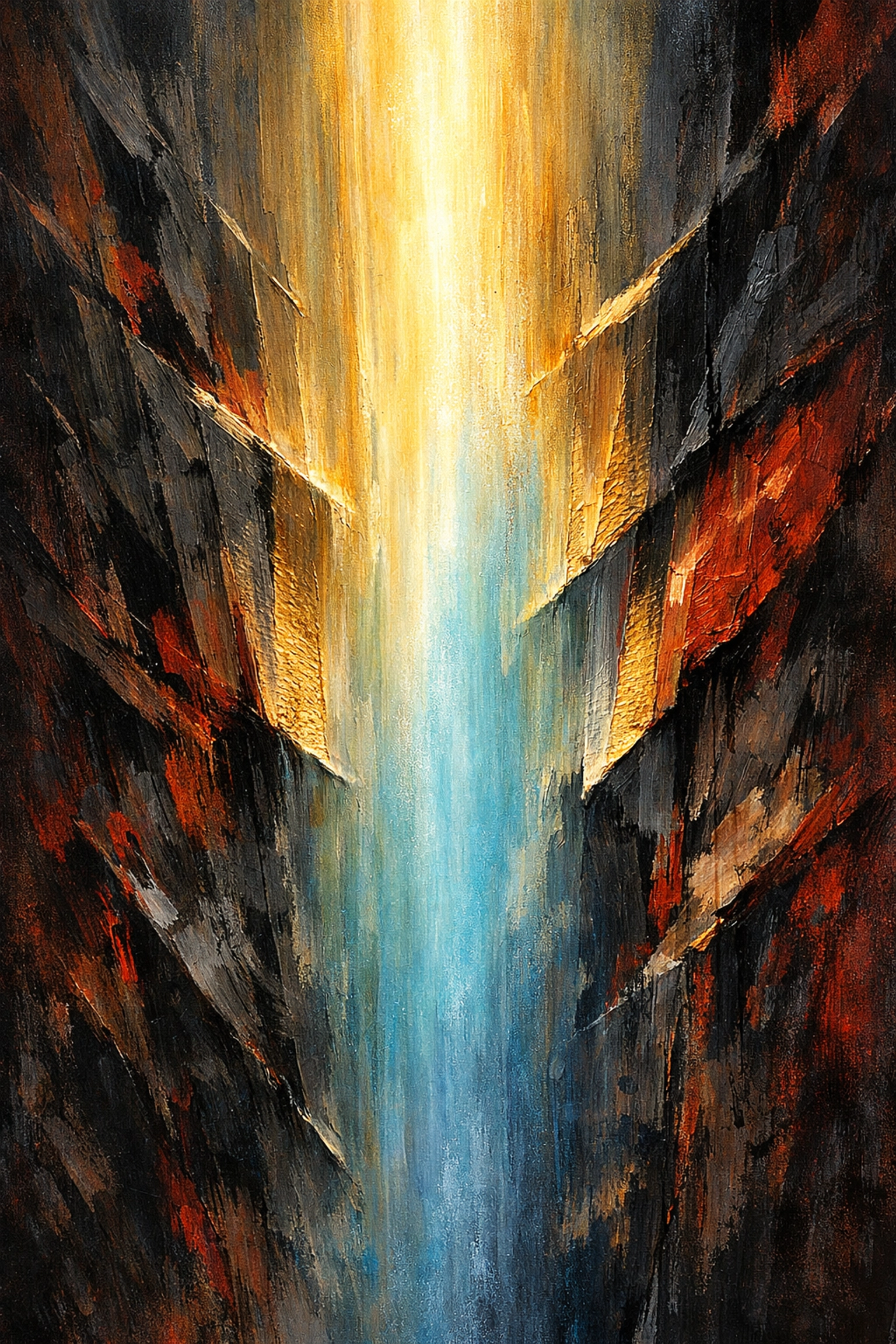 Abstract art of a golden beam softening jagged red lines, representing the dwelling presence and Third Way of Jesus.