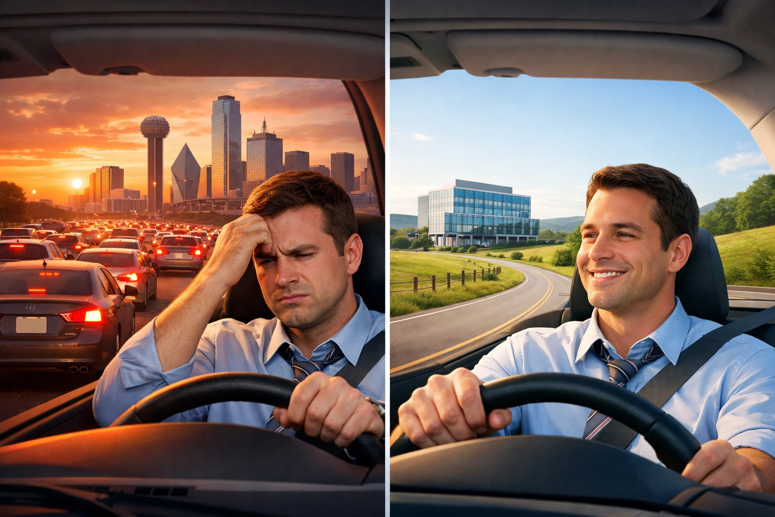 Comparison of Dallas highway traffic versus short suburban commute to corporate office