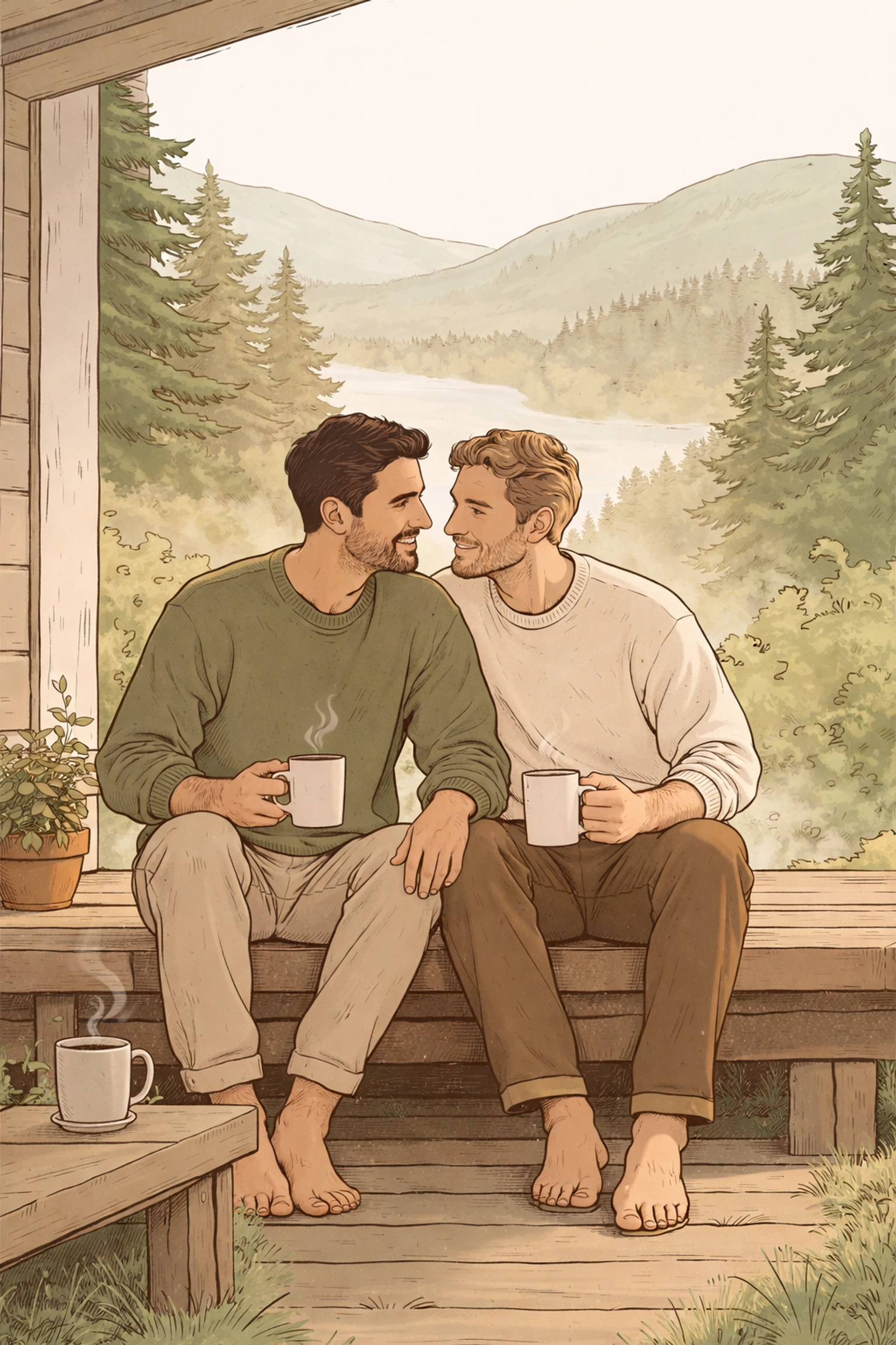 Two men enjoy coffee together on a Vermont porch, embodying authentic gay love and quiet happiness in MM romance.
