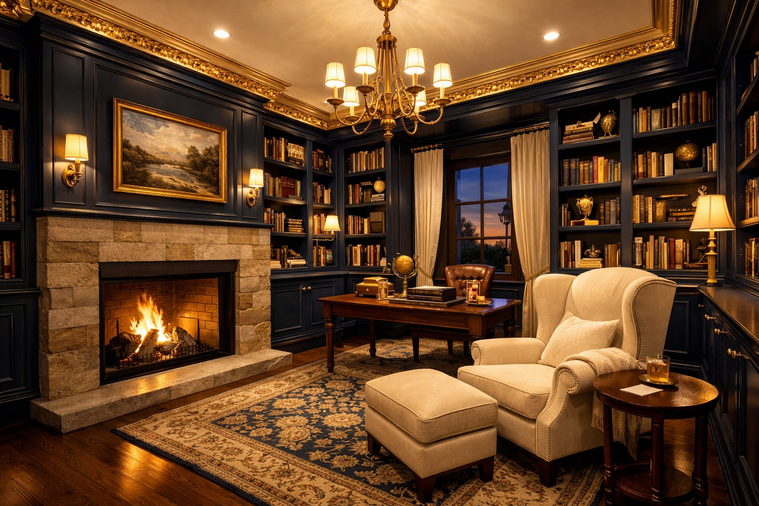 A clean luxury library in a Dover home, highlighting the professionalism of residential cleaning Massachusetts experts.