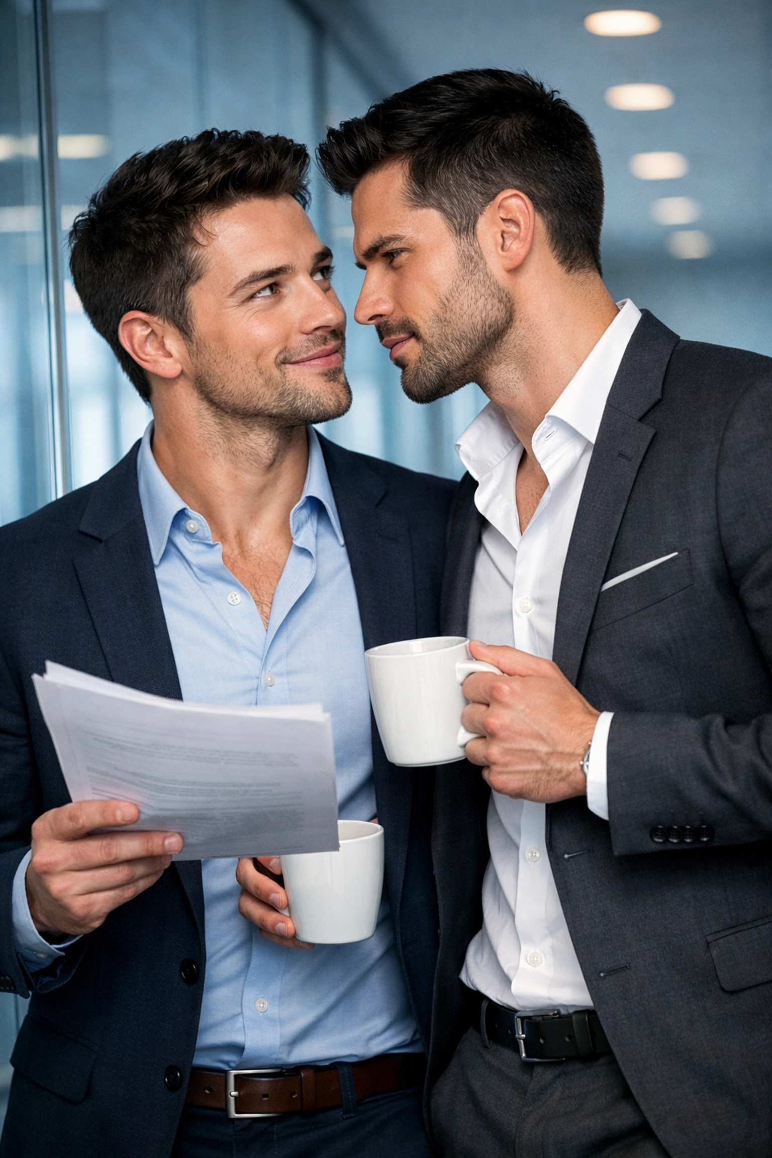 Two men in an office sharing a high-tension moment, illustrating a popular gay workplace romance trope.