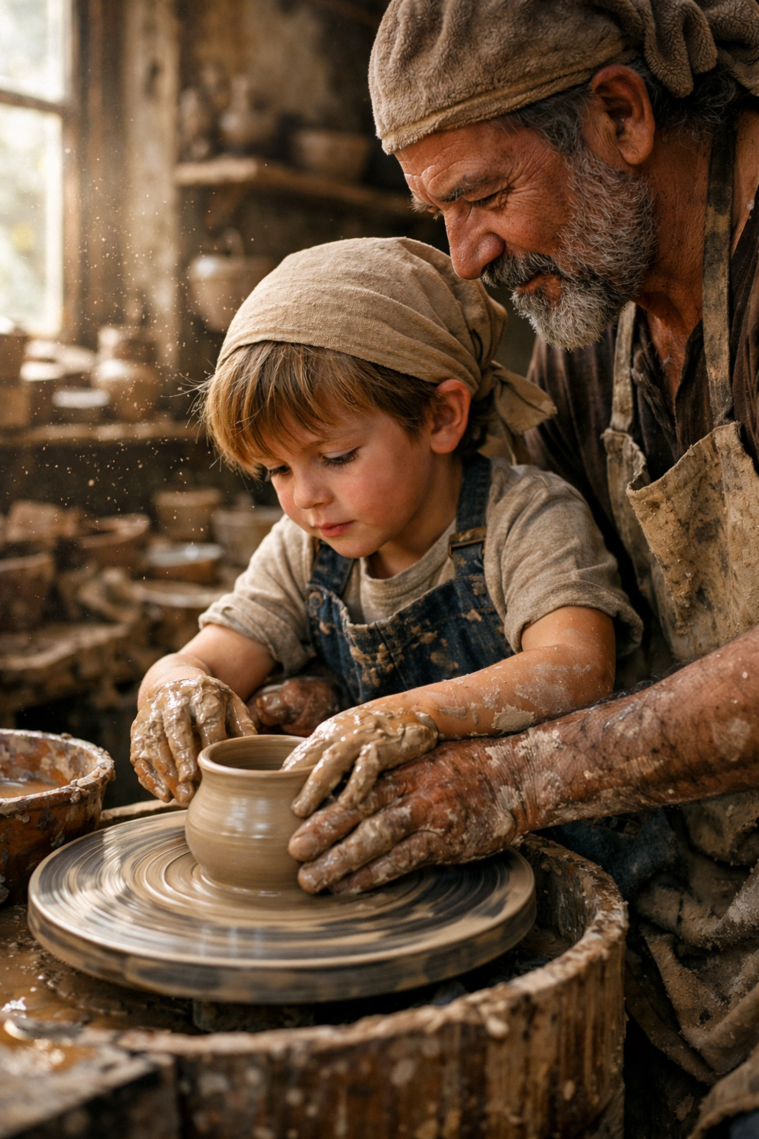 A child learning pottery in a local workshop, an engaging hands-on family travel experience.