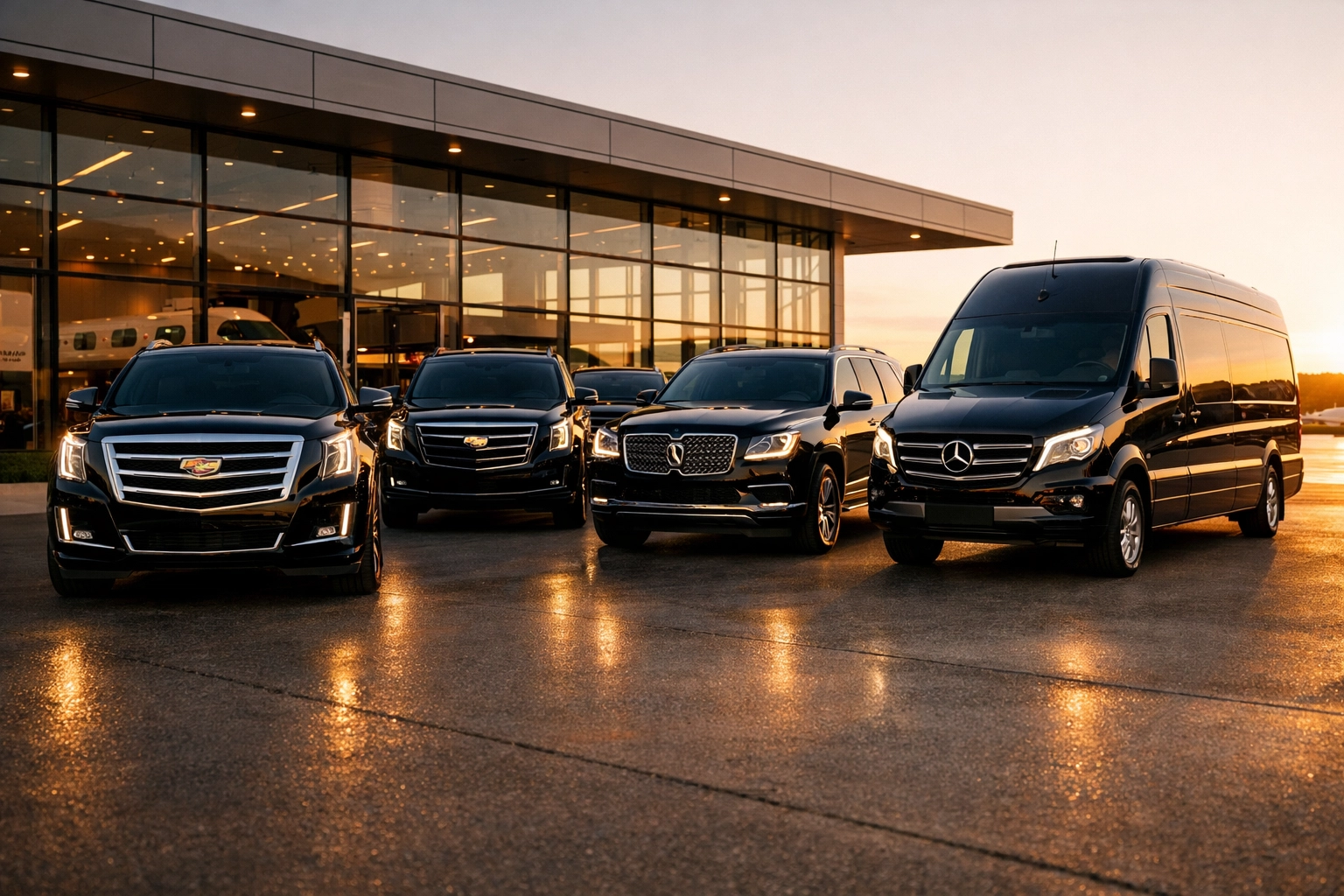 Fleet of black executive SUVs and luxury Sprinter vans at a private airport terminal for corporate Super Bowl travel.