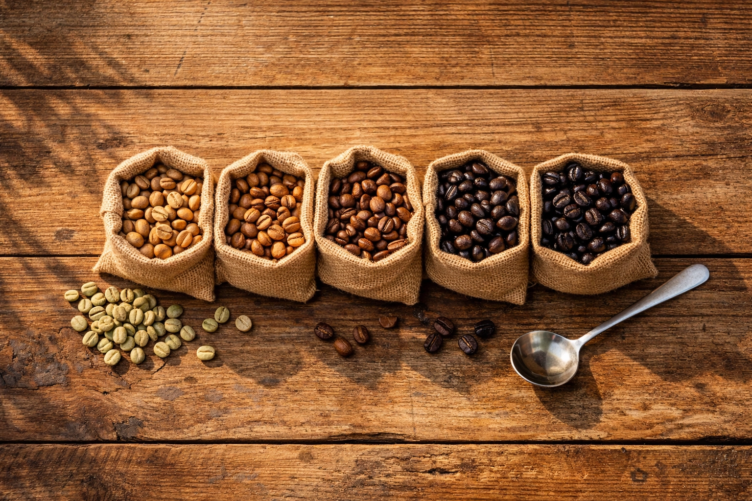 Artisanal display of various roasted coffee beans and wholesale packaging on a rustic wooden table.