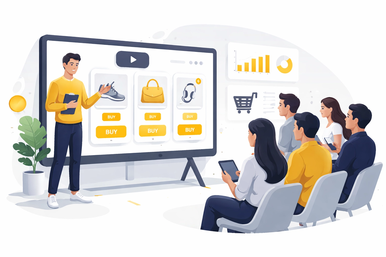 Presenter showcasing interactive shoppable products to engaged webinar viewers using advanced live shopping platform features.