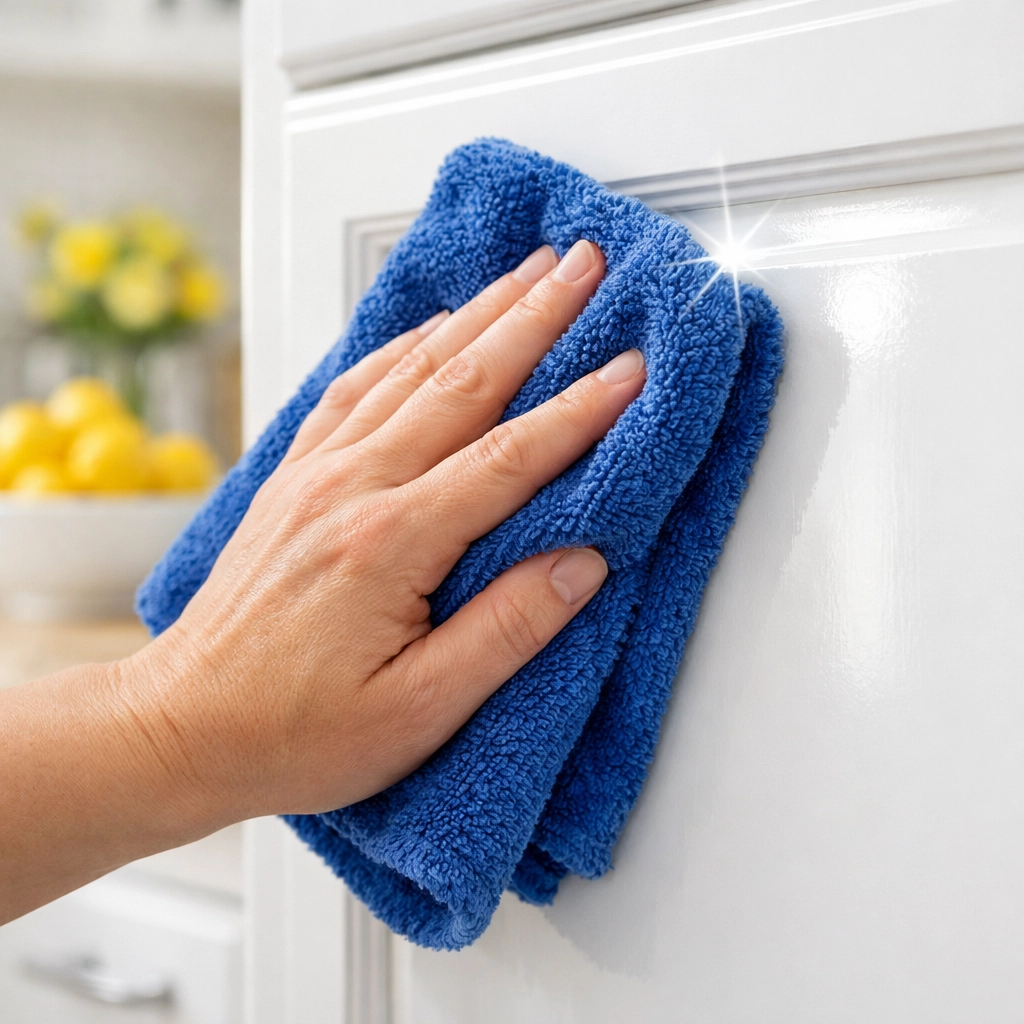 Person using a microfiber cloth to remove stubborn grease from white kitchen cabinets.