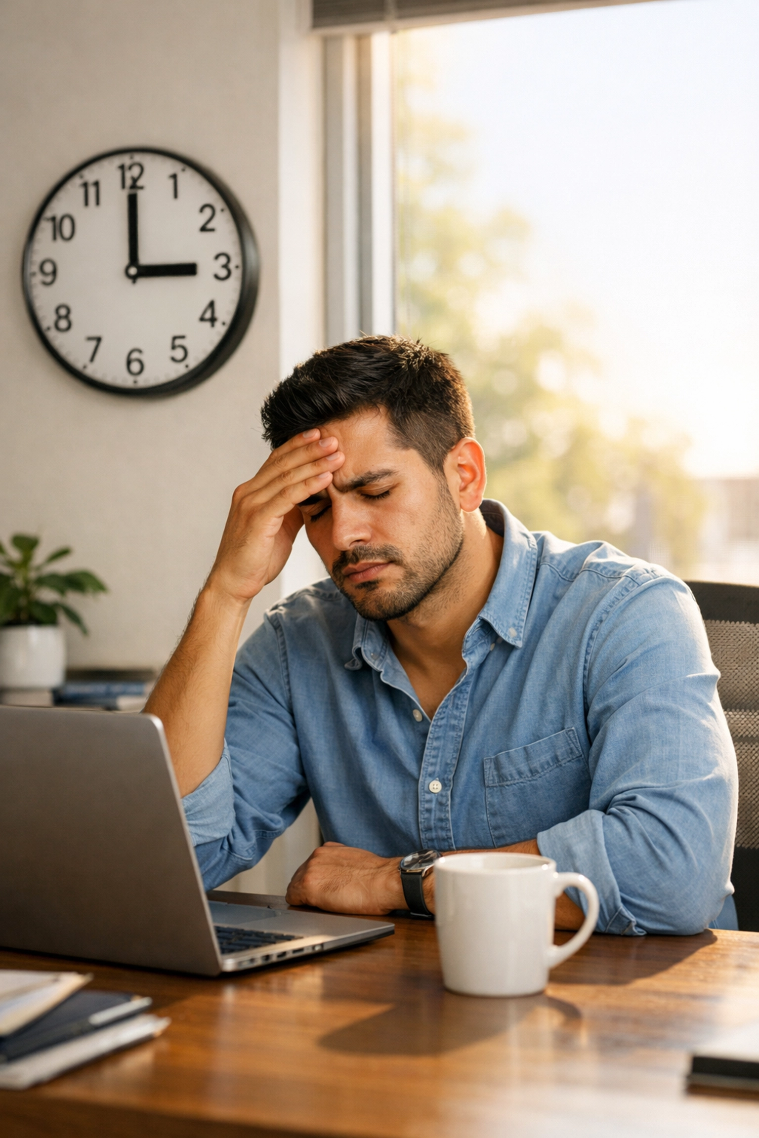 Man experiencing afternoon energy crash at office desk around 3PM