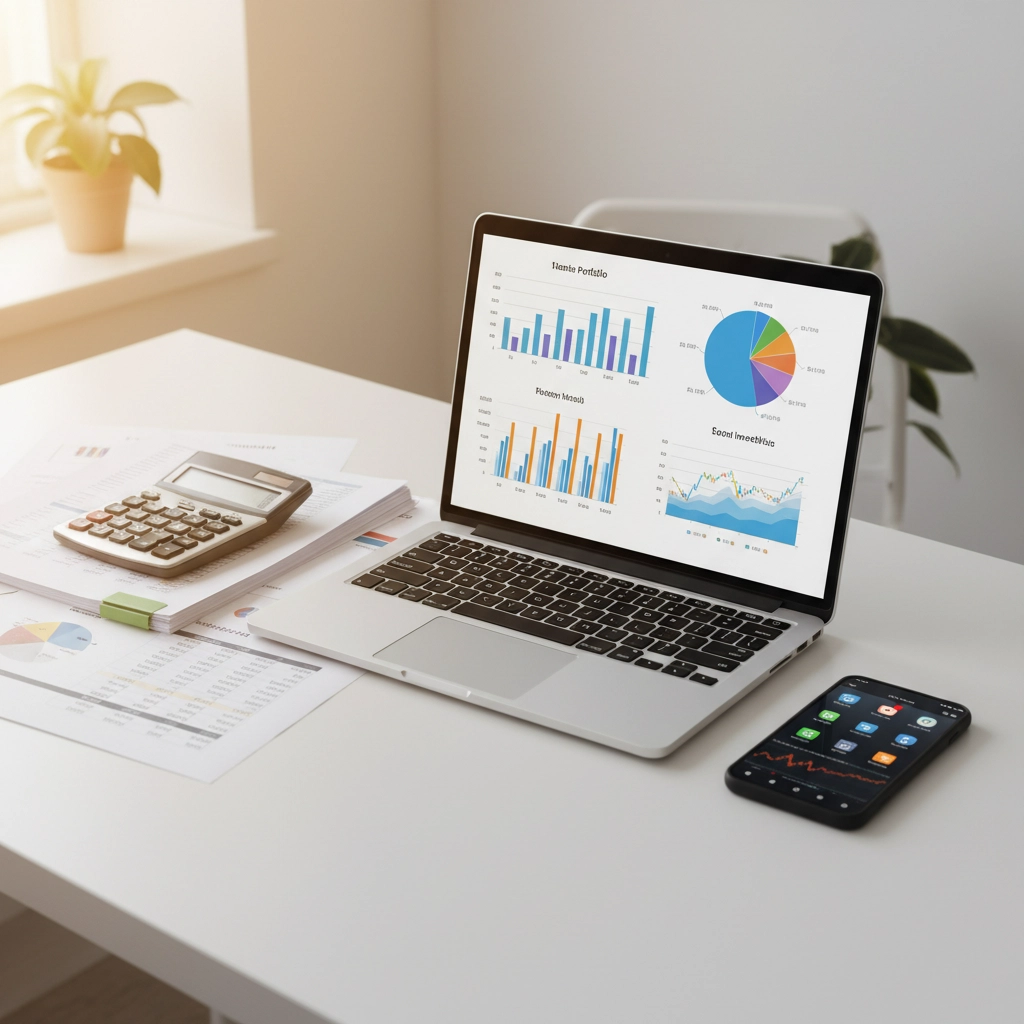 Laptop showing colorful graphs, a calculator, and smartphone on a white desk. Papers with charts. Warm sunlight and a plant in the background.