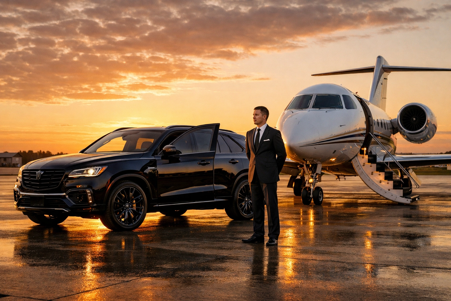 Luxury SUV and private jet transport showcasing premium corporate travel for the Super Bowl.