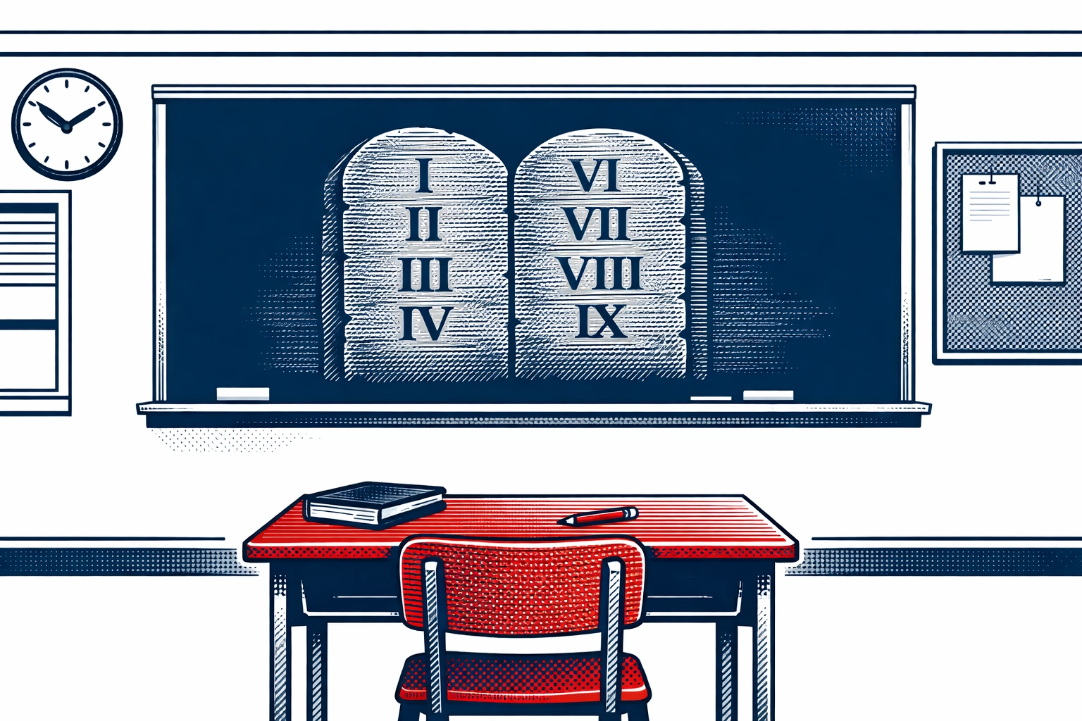 Minimalist classroom illustration with stone tablet silhouettes representing the Ten Commandments in schools.