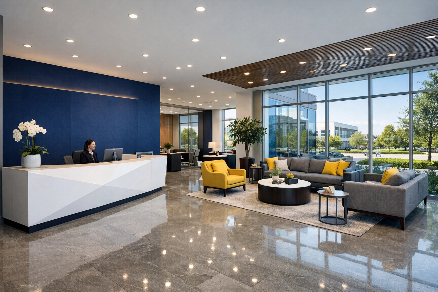 A professionally cleaned Woburn office lobby with polished floors and a modern reception area.