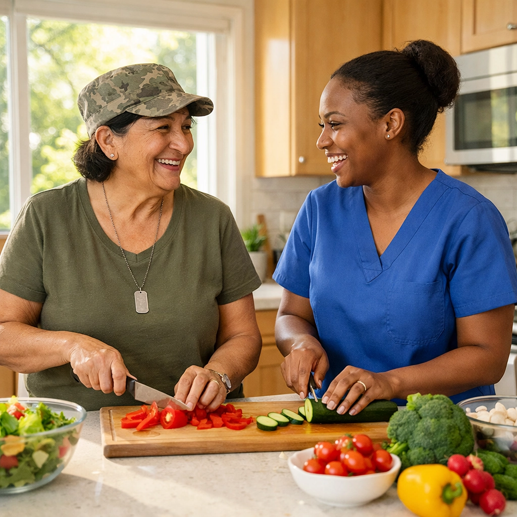 Veteran and caregiver preparing healthy meals together in home kitchen