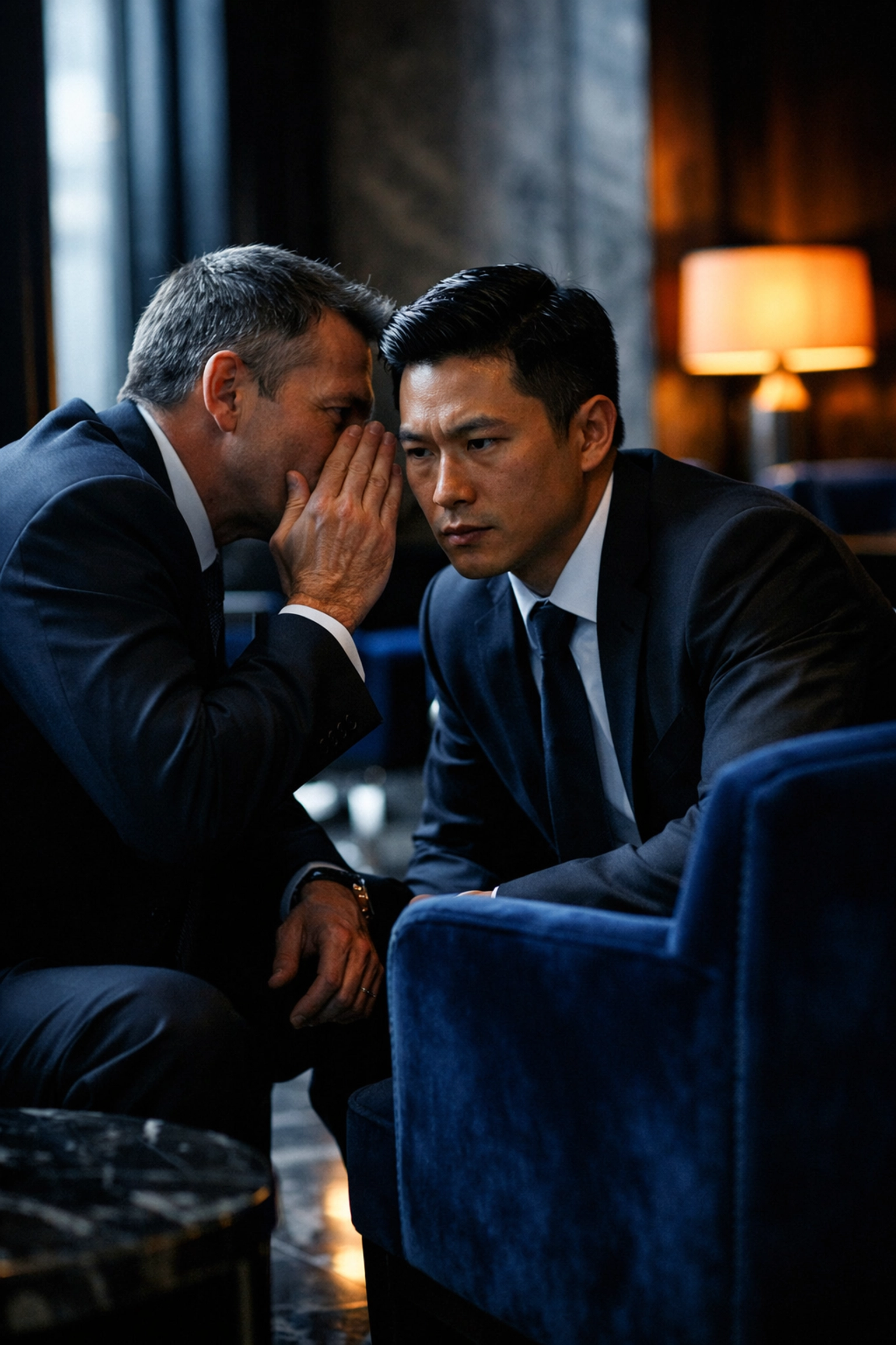 Business professionals having a discreet conversation about a confidential business sale with a broker.