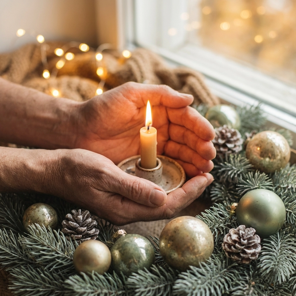 festive, holiday remembrance image with candle and hands