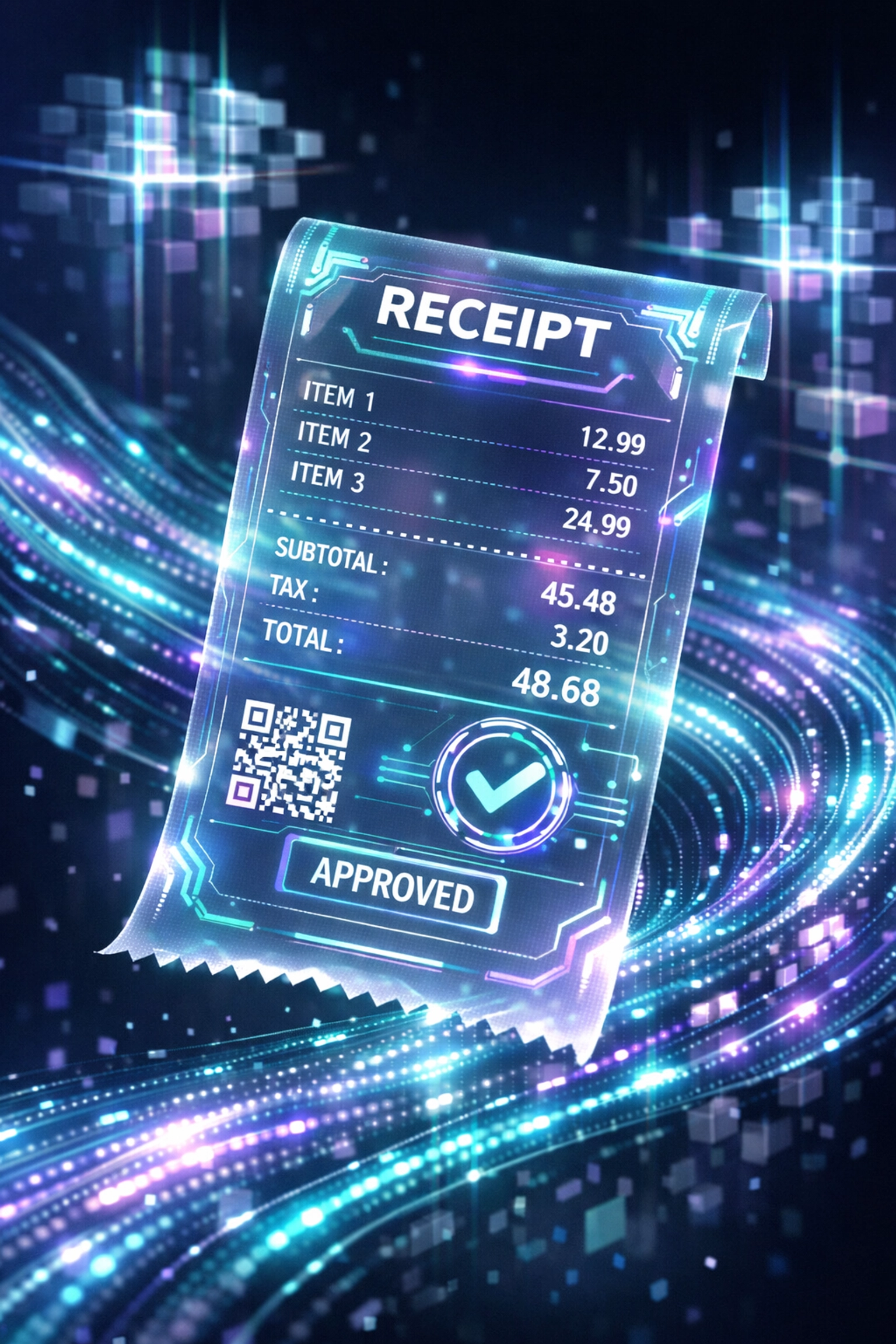 A futuristic digital receipt in a data stream representing automated AI accounting and searchable NFT merchant records.