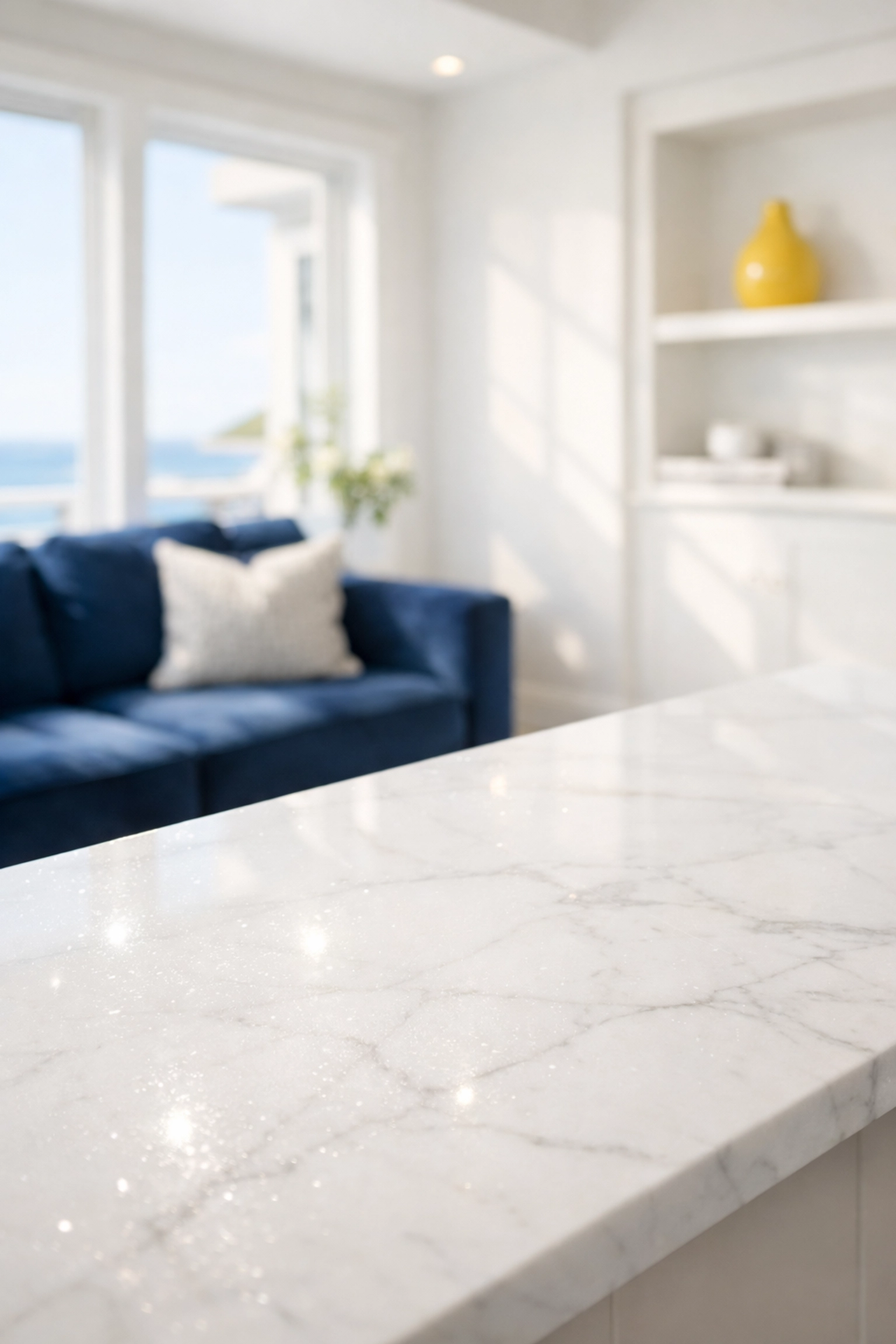 Clean and modern living room in a Bourne home featuring sparkling white marble surfaces and a navy blue sofa after professional house cleaning in Bourne, MA.