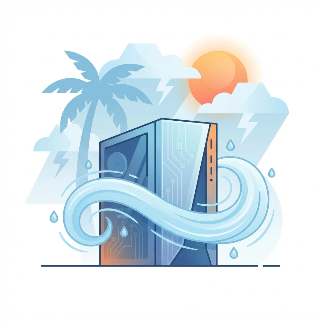 Illustration of a computer tower surrounded by palm trees, humidity, and lightning representing Florida climate risks for PCs