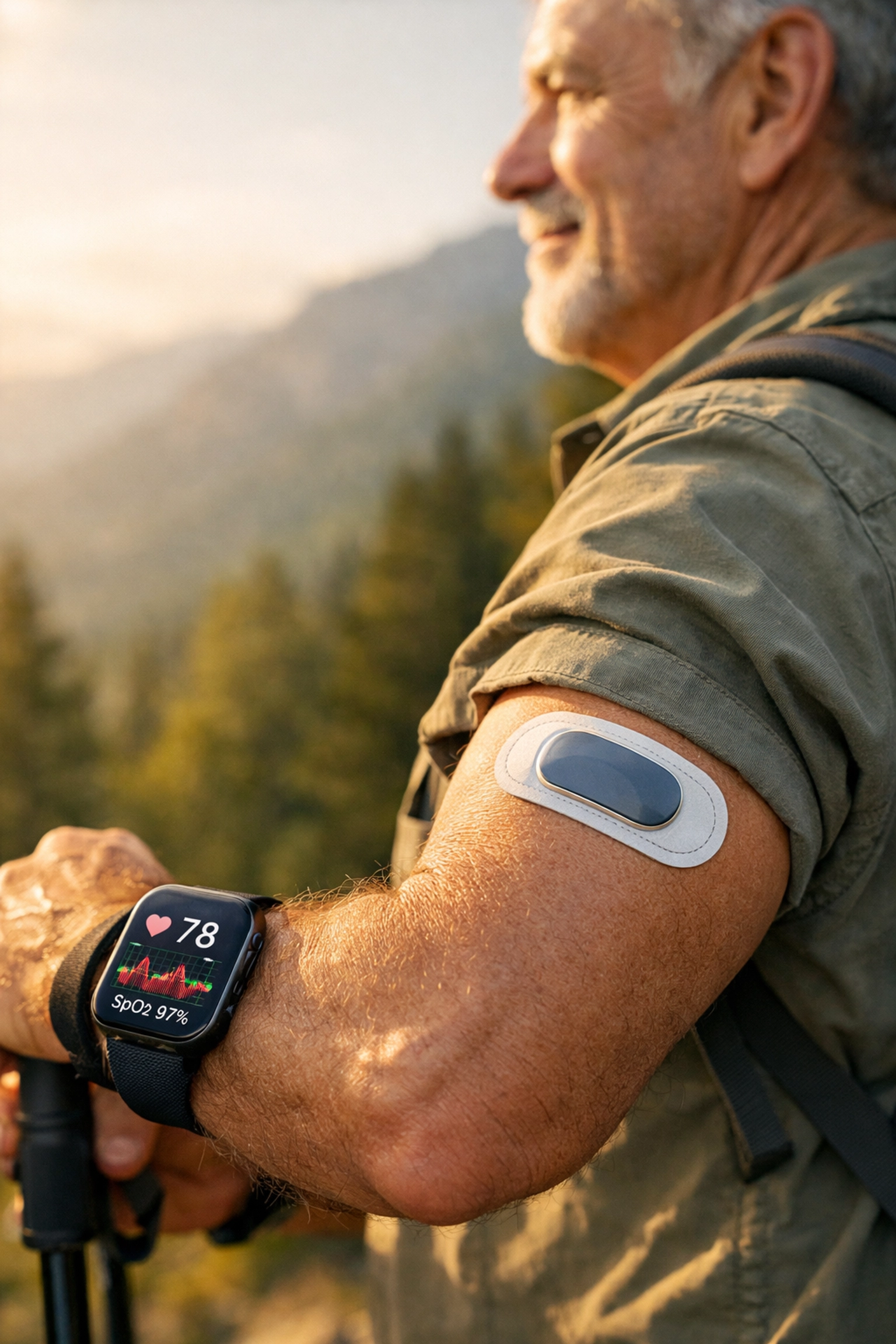 Man wearing a heart rate patch and smartwatch to monitor vitals during a hike for remote patient care.