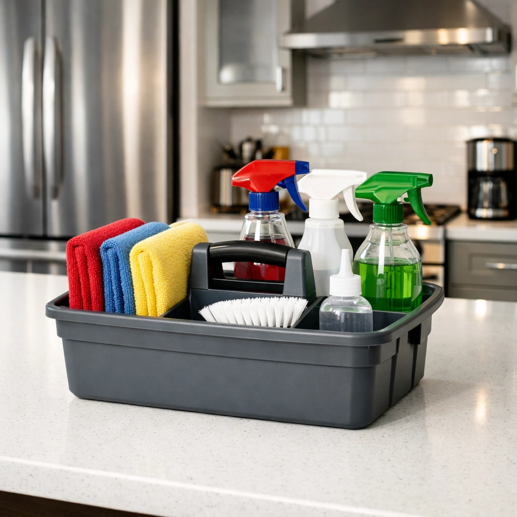 Professional cleaning caddy with color-coded cloths on a kitchen island for a Kissimmee Airbnb turnover service.