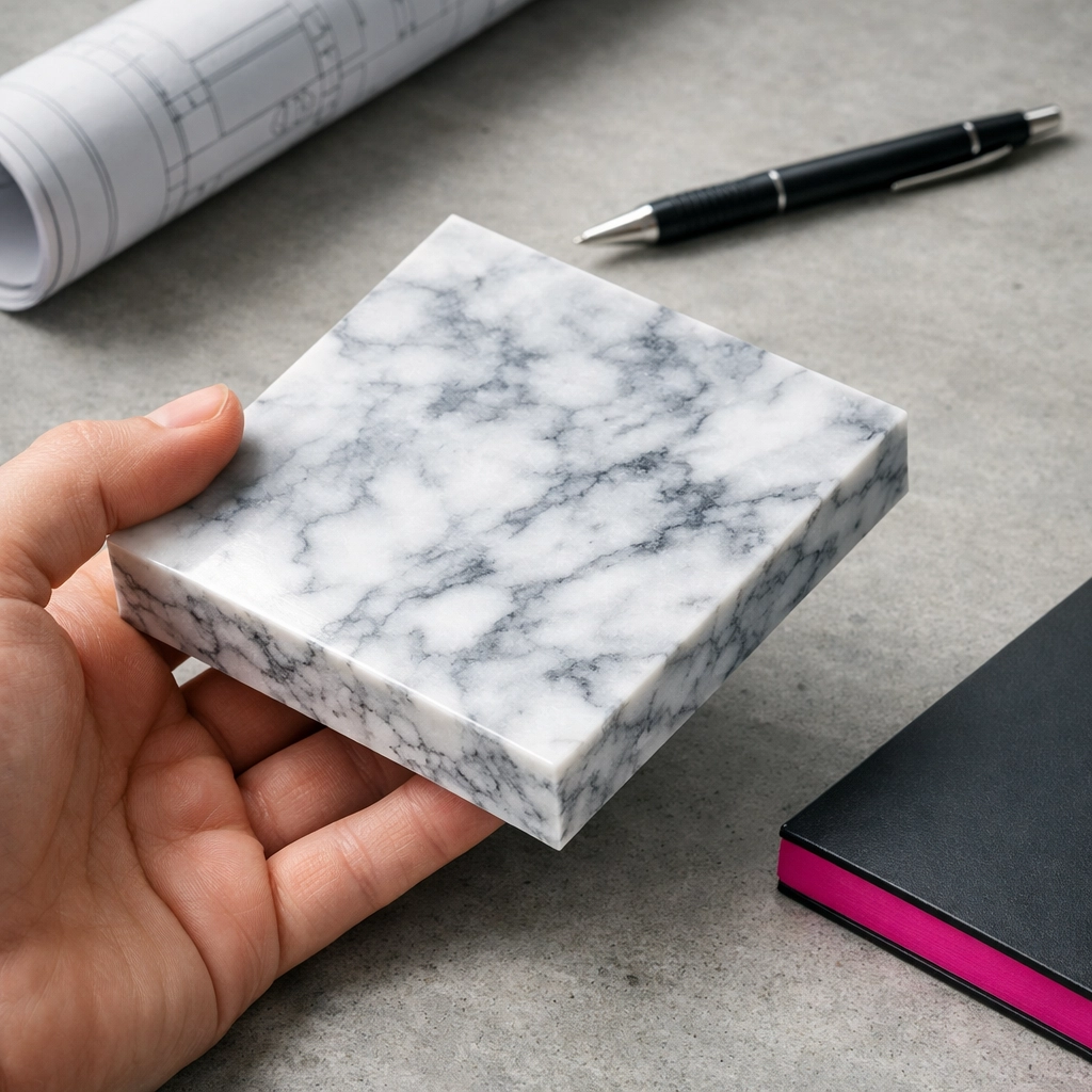 Architect holding a marbled recycled plastic sheet sample over building plans in a modern workspace.