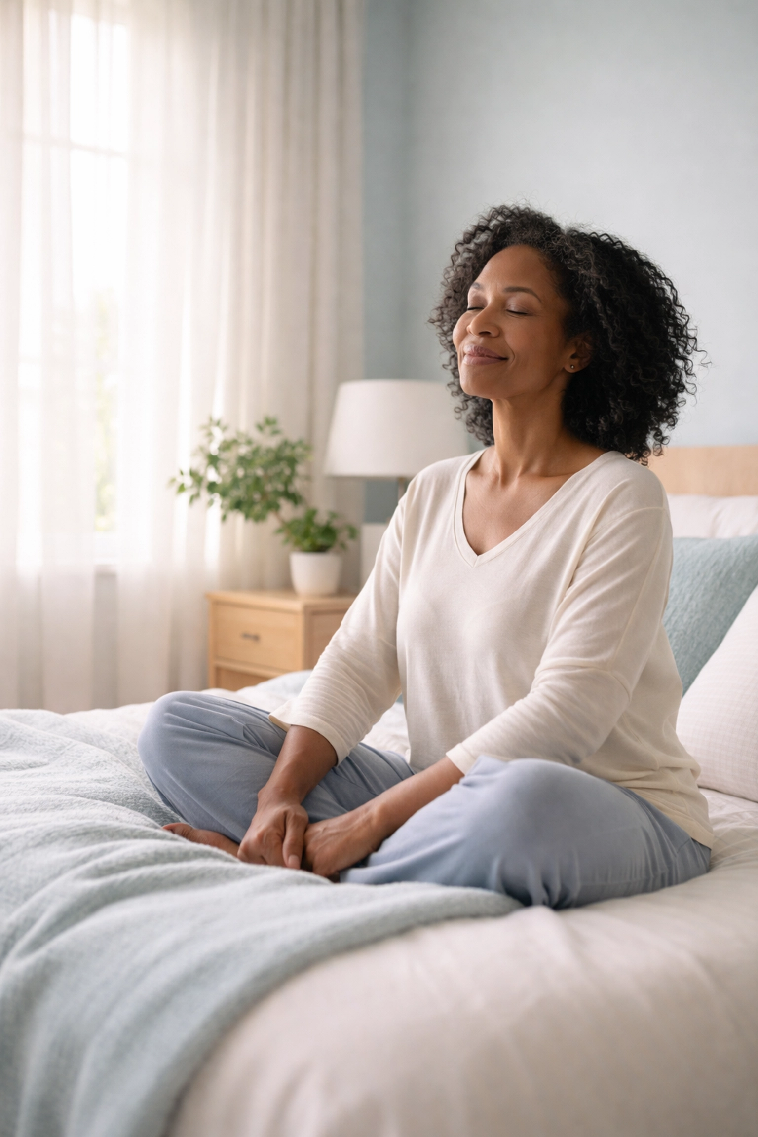 Middle-aged Black woman sits calmly on a bed in a minimalist bedroom, practicing nighttime relaxation techniques.