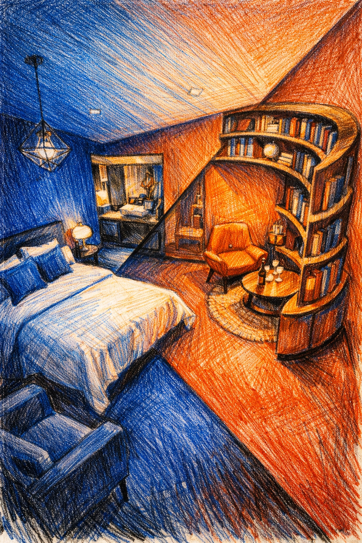 Boutique hotel suite with cobalt blue and terracotta walls, highlighting sustainable hotel architecture.