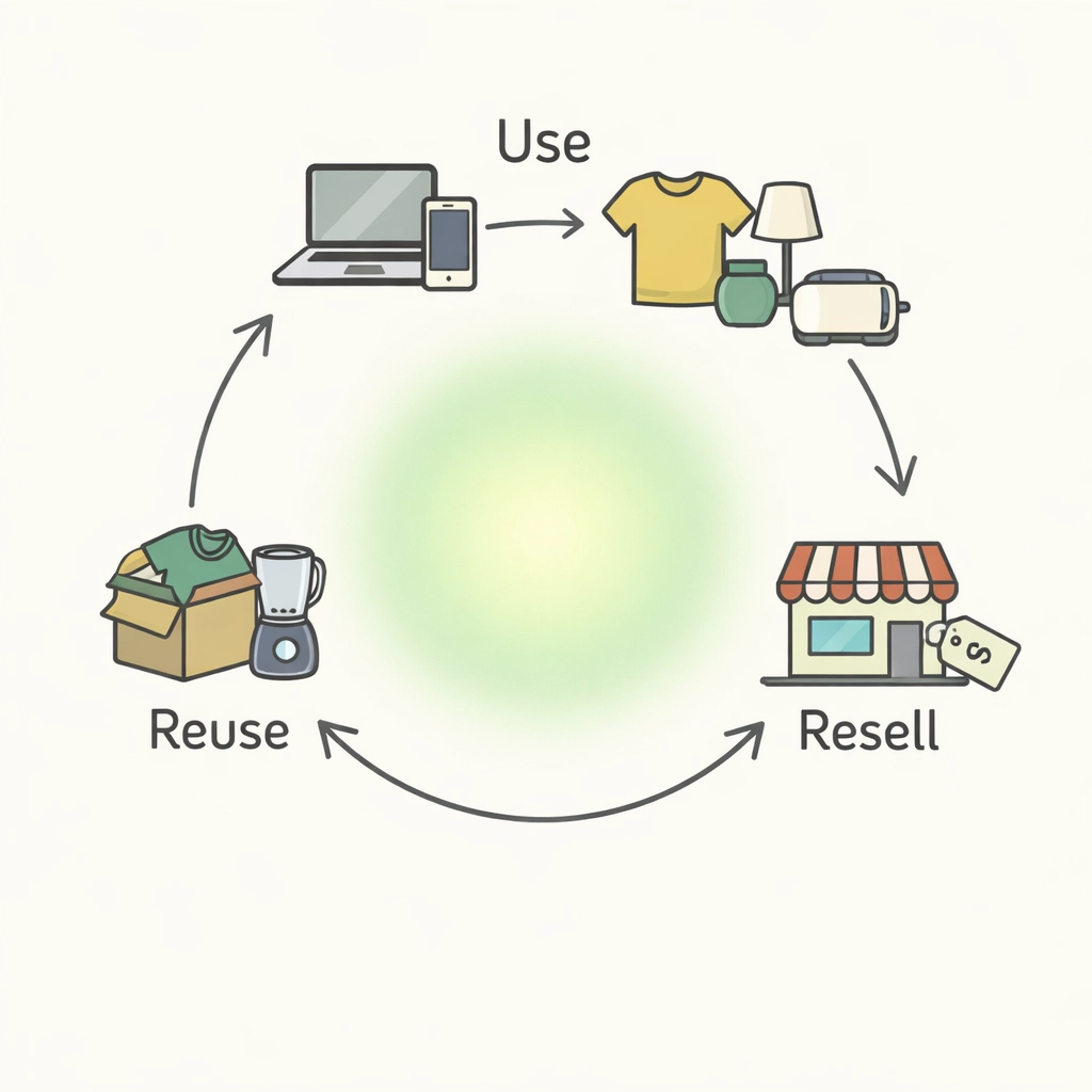 Circular economy illustration showing product reuse and resale cycle in eBay's sustainable marketplace